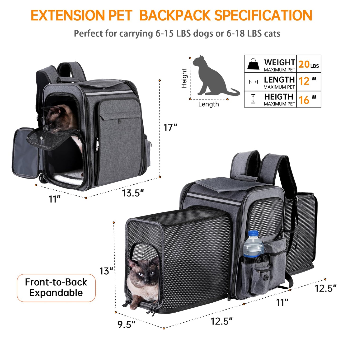 Cat Backpack Carrier,Double Side Expandable Cat Carrier Backpack,Dog Carrier Backpack for Medium Cats and Small Dogs,Puppies Up to 20 Lbs,Pets Carrier Backpack with Breathable Mesh(Grey)