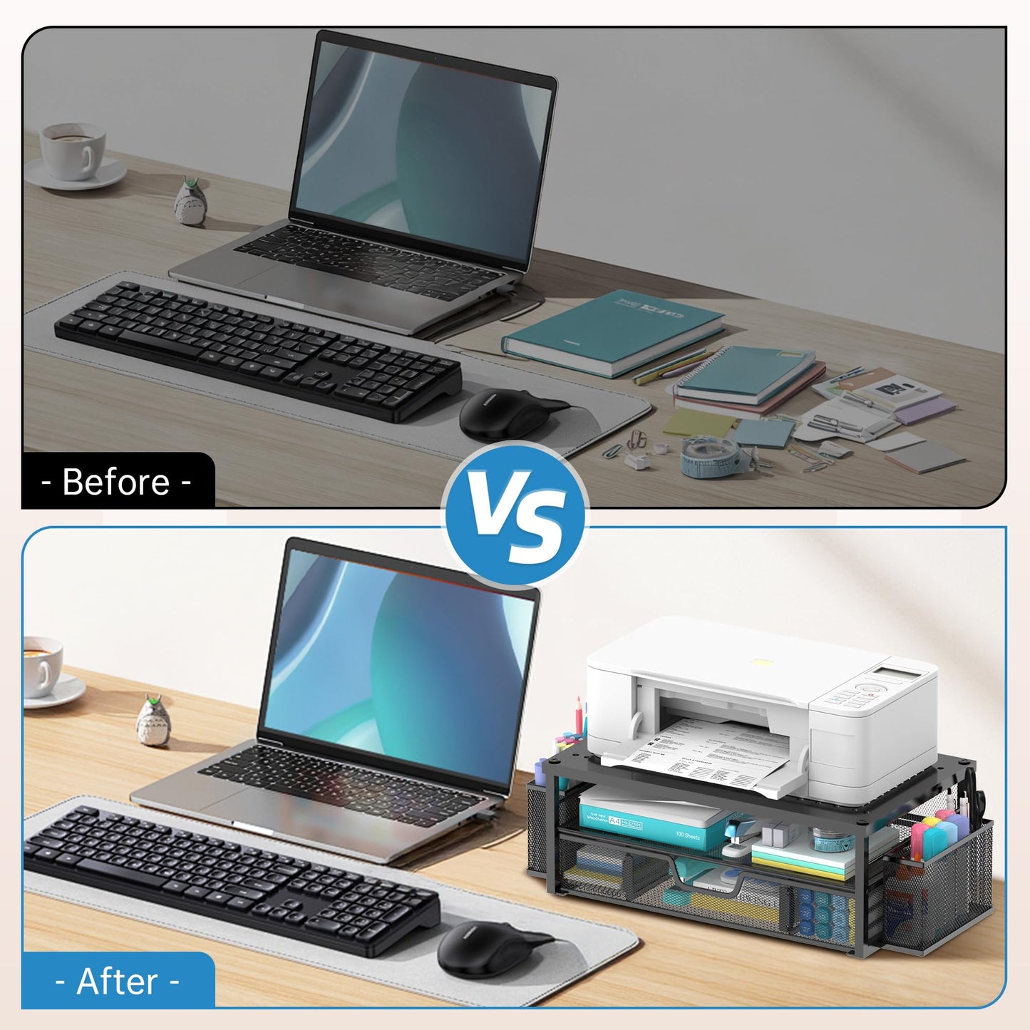 SUPEASY Printer Stand for Desk with Storage, 2-Tier Metal Monitor Stand Riser with Drawer and 2 Pen Holders, Multifunctional Desktop Organizer for Home Office Desk Accessories, Black