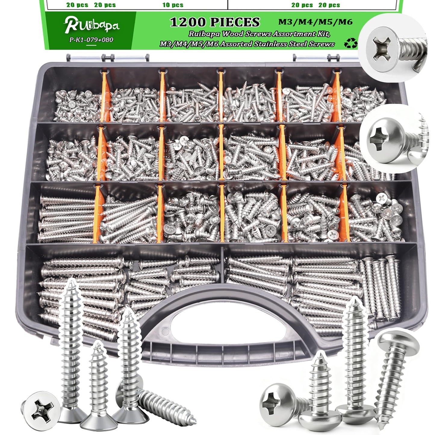 Ruibapa 1200 PCS Wood Screws Assortment Kit,Self Tapping Screws M3/M4/M5/M6 Stainless Steel Screws Assortment Kit,1200Pcs(605pcs Round Head & 595pcs Flat Head) Sheet Metal Screws Assorted