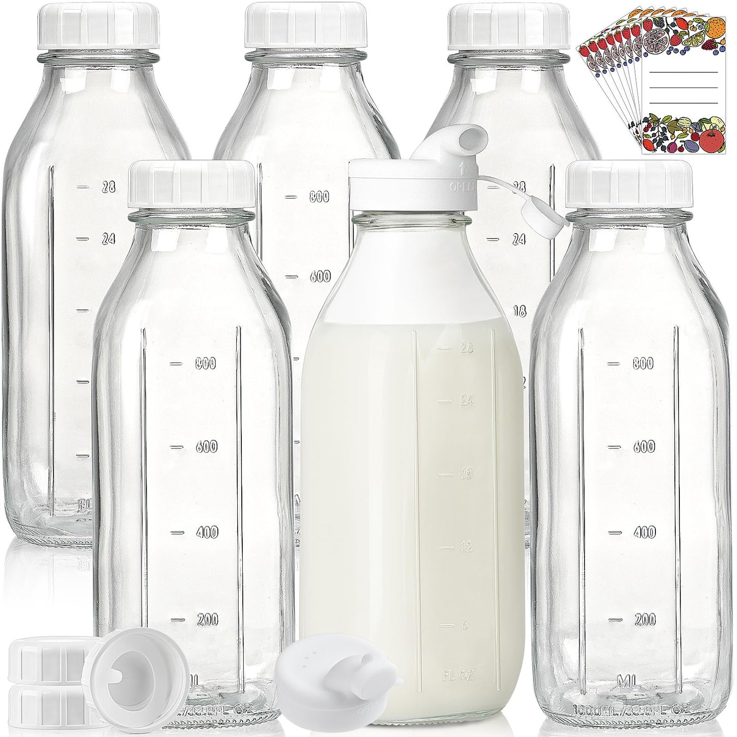 Glass Milk Bottles w 100% Airtight Screw Lids and 2 Pour Spouts- 6 Pack 32 Oz Smoothie Bottles - Food Grade Glass Water Bottles for Almond Milk, Green Juice, Maple Syrup - Dishwasher Safe(Extra Lids)