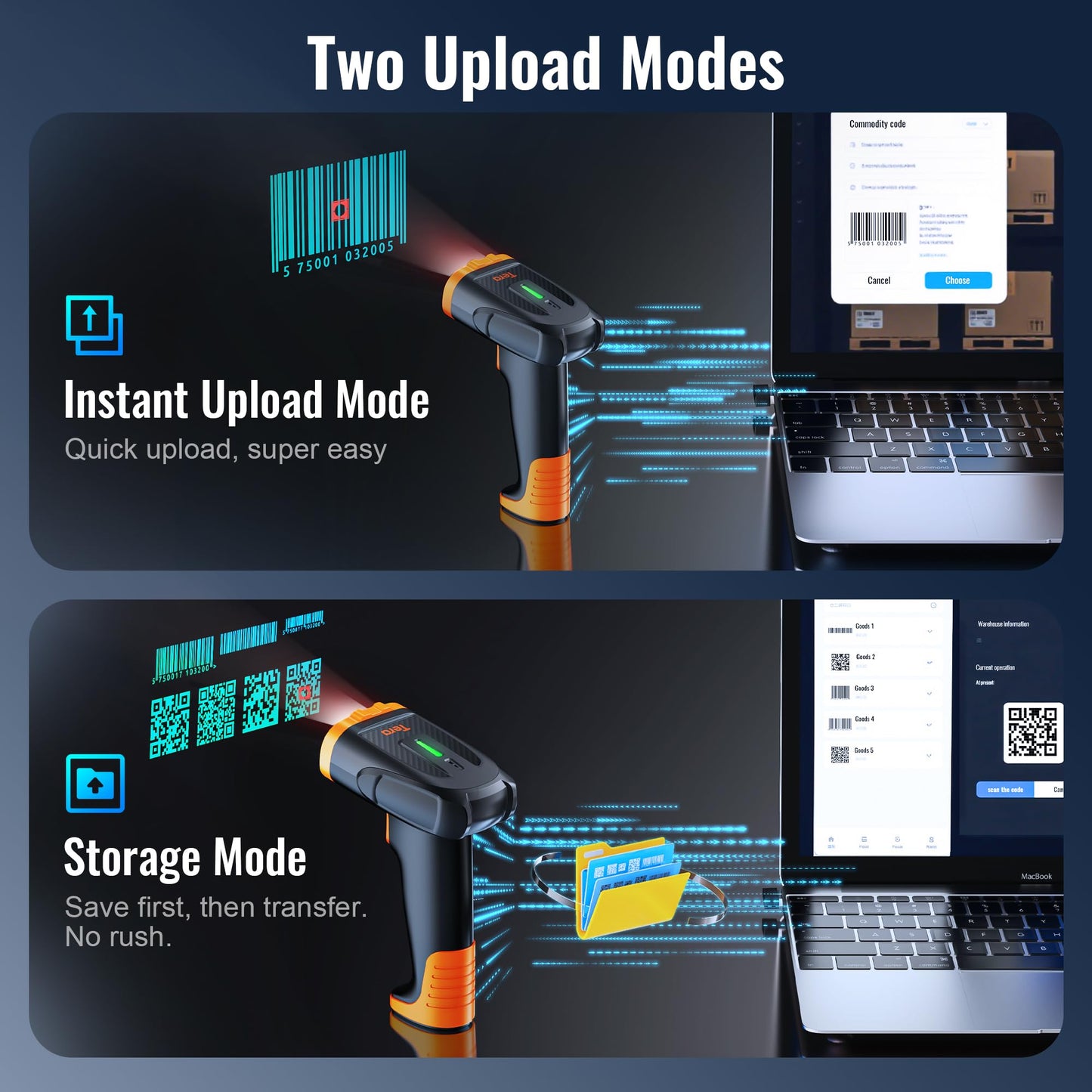 Tera Barcode Scanner Wireless Handheld: with 2200mAh Lithium-Polymer Battery Works with Bluetooth 2.4G Cordless USB Wired 1D 2D QR Bar Code Reader for Retail Inventory Management Model D5300