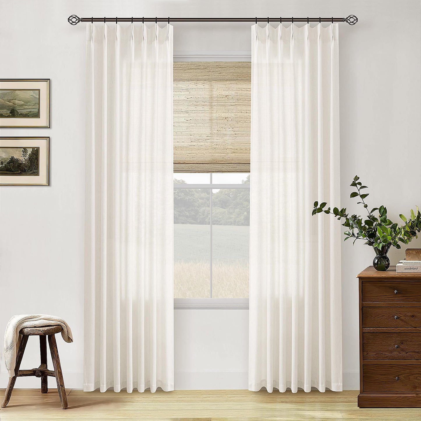 Natural Pinch Pleated Linen Curtains 96 Inches Long for Living Room Pleat Drapes Hooks Rings Back Tab Neutral Cream Ivory Semi Sheer Pleated Curtain 96 Inch Length for Bedroom Dining Office 1 Panel