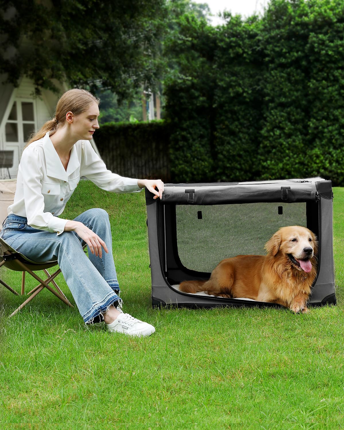 Veraste 24 Inch Collapsible Travel Dog Crate for Medium Large Dogs, Portable Dog Crate 4-Door Foldable Soft Kennel with Chew-Proof Mesh Windows for Indoor & Outdoor, with Storage Bag(Grey)