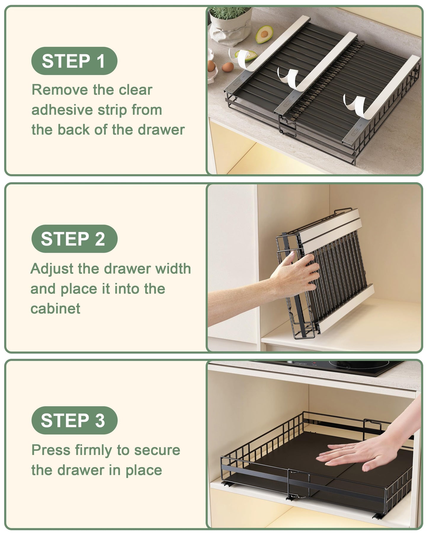 UMDONX 2 Pack Expandable Pull Out Cabinet Organizer Drawers Kitchen Cupboard Storage, No Drill Sliding Rack Adhesive Pantry Shelf (Durable Metal Black Load 65LBS)