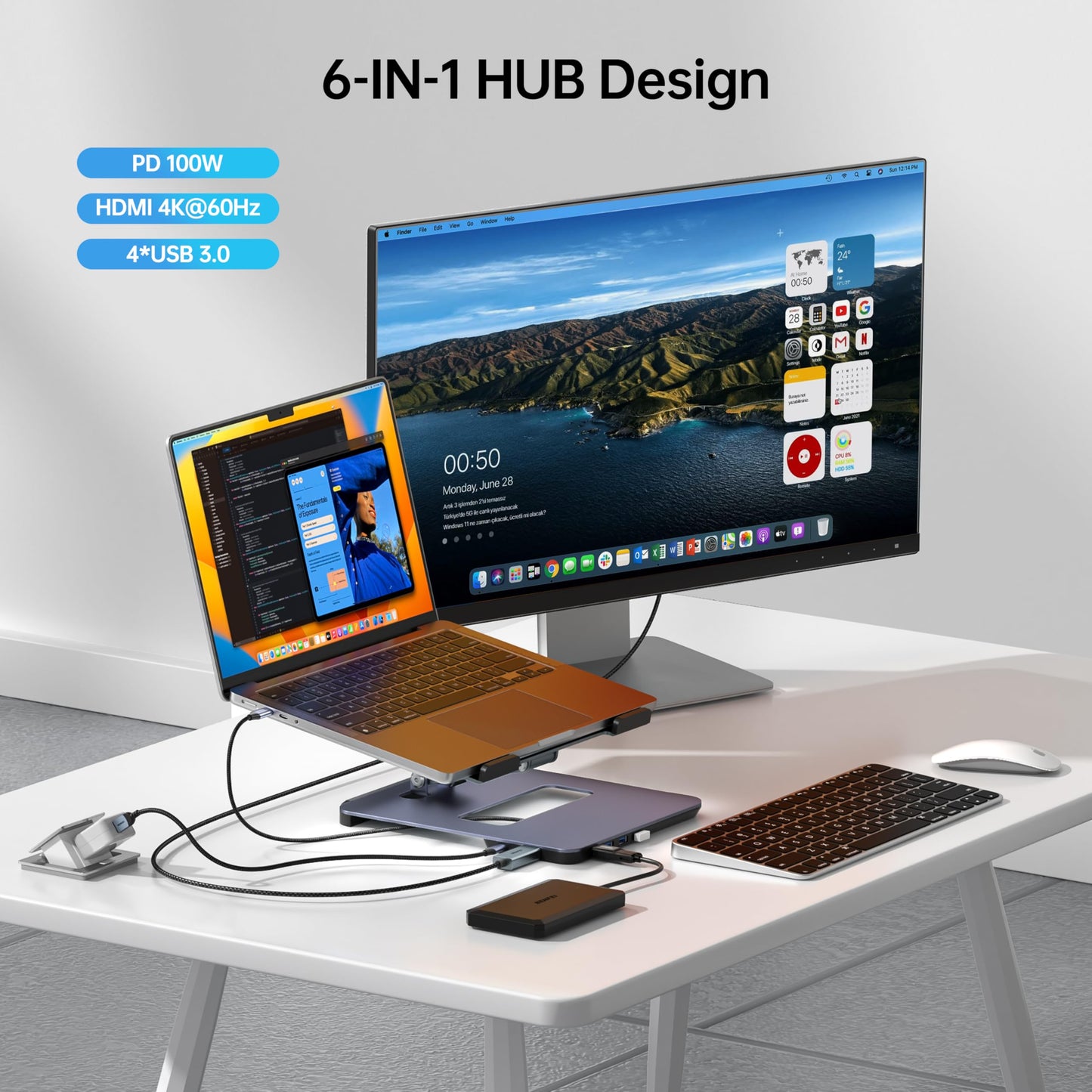 BENFEI Laptop Stand with USB C 6in1 Docking Station, HDMI 4K@60Hz, 4*USB3.0, 100W PD Compatible with MacBook Pro/Air, iPad Pro, XPS, Thinkpad