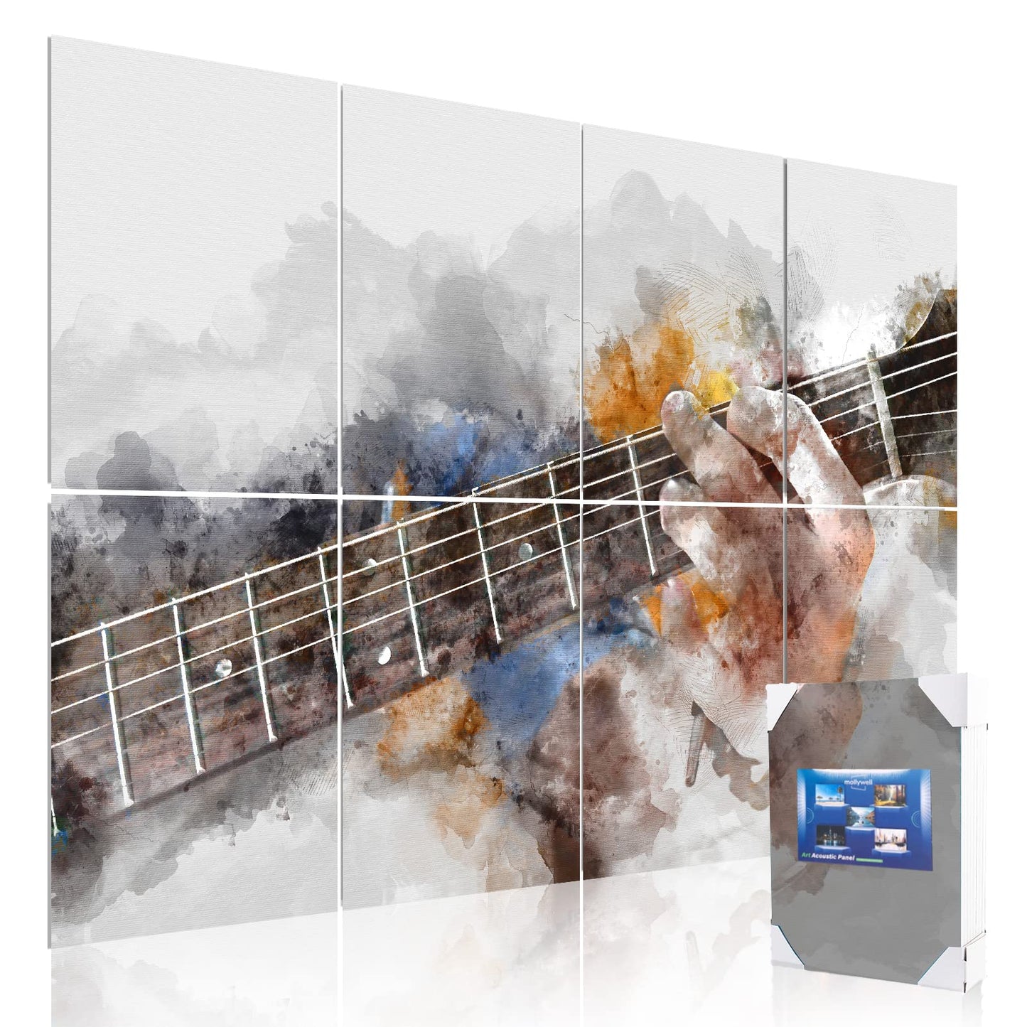 Mollywell HD Art Acoustic Panel | Self Adhesive Sound Proof Foam Wall Panels | 48"x32"x0.4" Sound Dampening Decorative Painting | Soundproof Sticker for Recording Studio Home Office,8 Pack Guitar