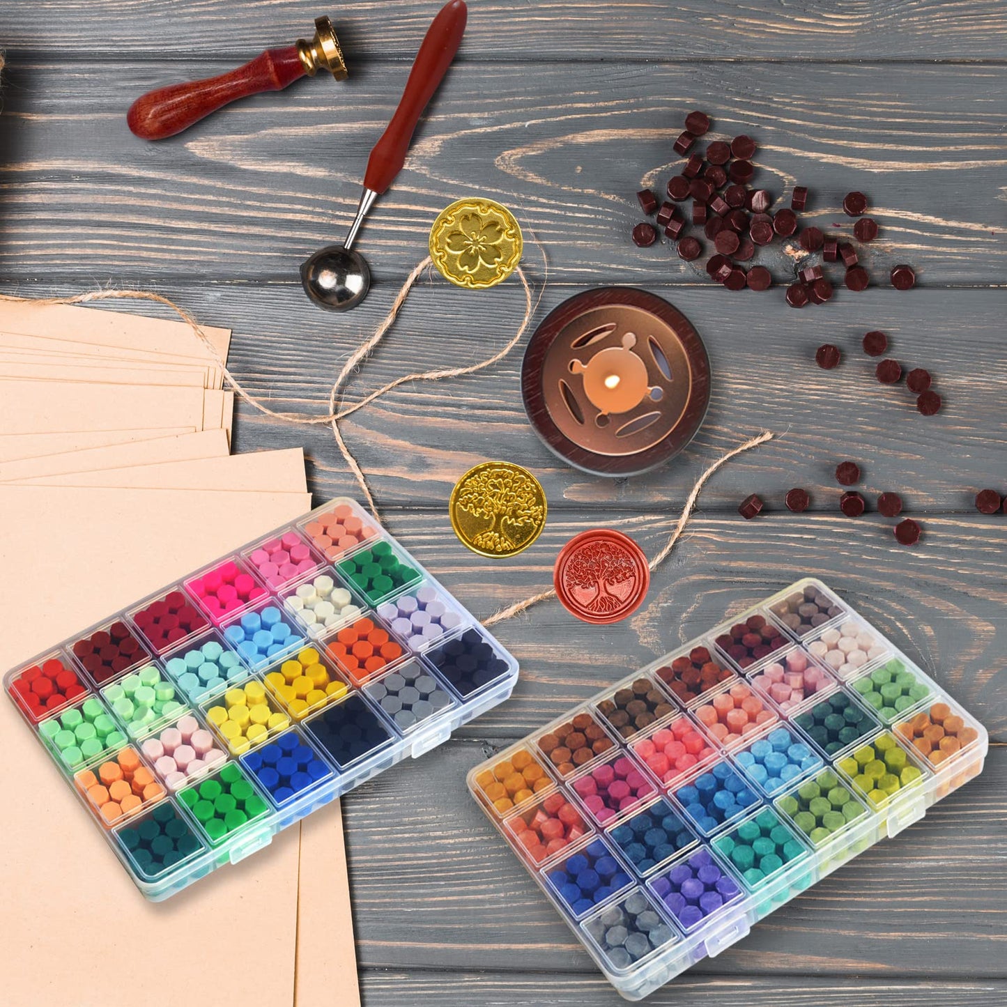 Wax Seal Stamp Kit with Gift Box,48 Color 1200 Pcs Wax Seal Beads with 2 Pcs Wax Seal Stamps, Sealing Wax Warmer, Metallic Pen and 10Pcs Tea Candles for Wedding Invitations Wrapping Christmas Letters