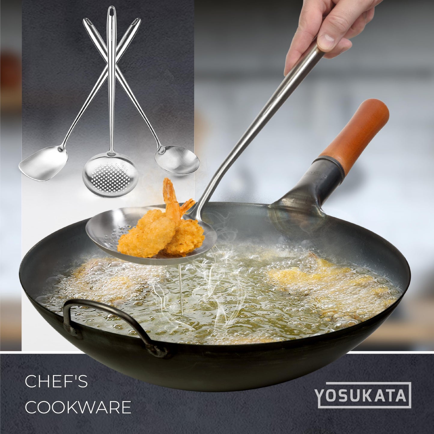 Yosukata 43 cm Wok Spatula and Ladle Skimmer Spoon - Stainless Steel Cooking Utensils Set of 3-304 Stainless Steel Kitchen Utensils Set - Dishwasher Safe Wok Accessories - Wok Utensils Cooking Tools…