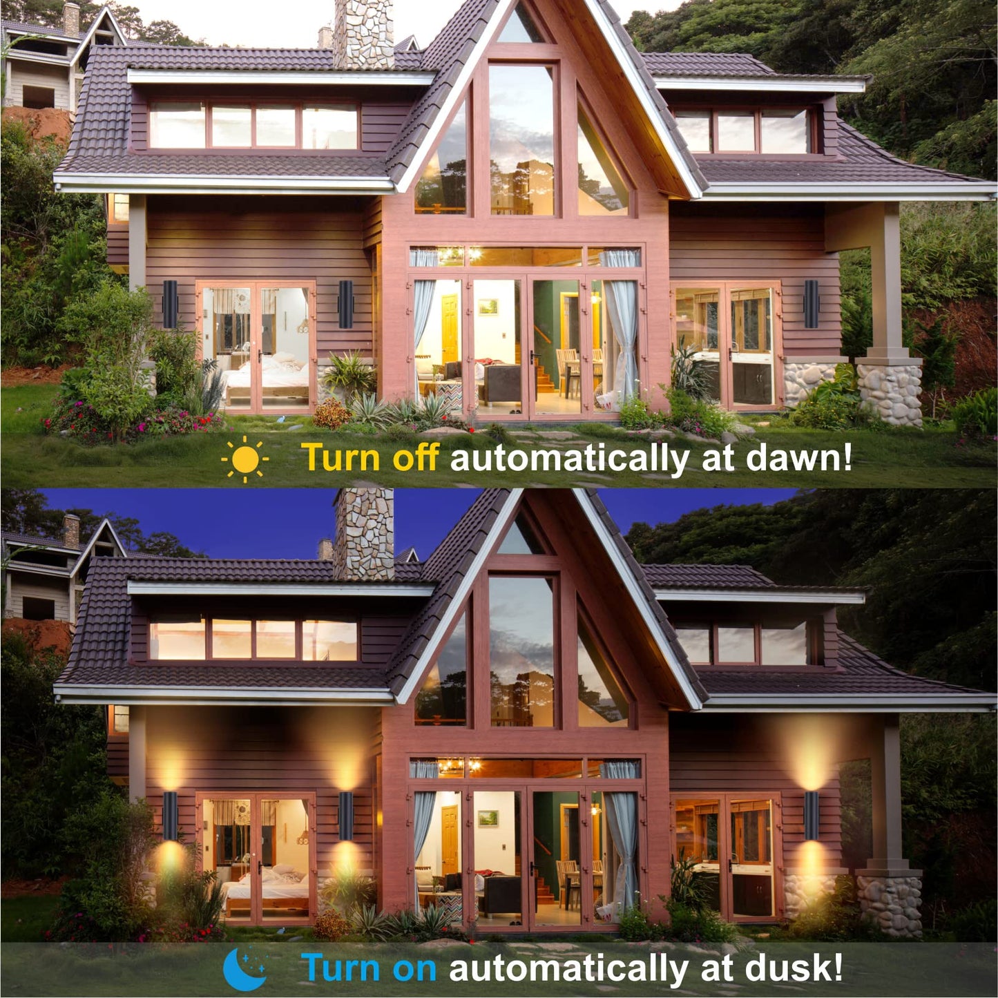 DAKAFUL Dusk to Dawn Outdoor Lighting Sensor Wall Lights 2Pack, 12W 2700K Integrated LED Cylinder Up Down Lights Outdoor, IP65 Waterproof Aluminum Wall Sconce Exterior Wall Light for Porch Patio etc.
