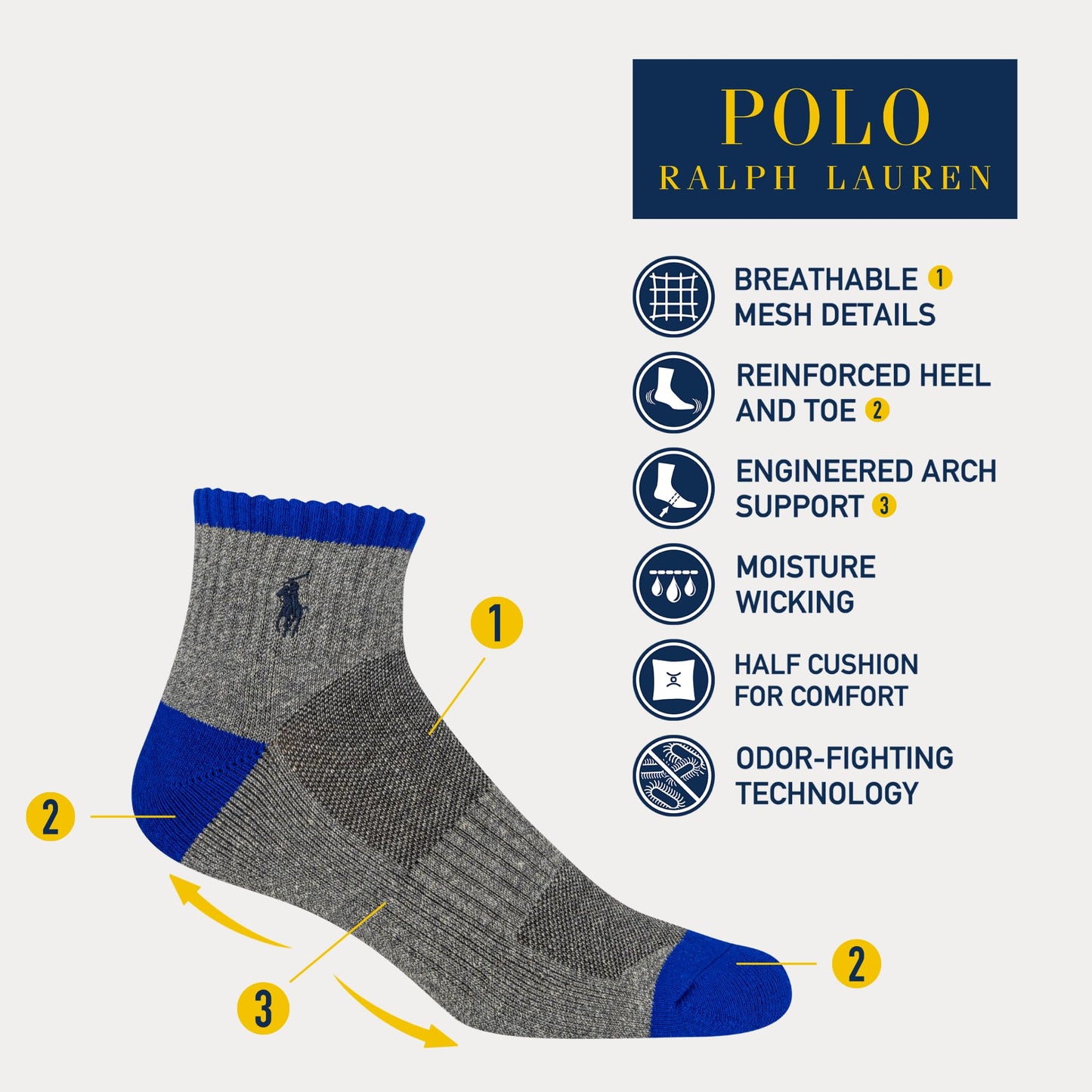 POLO RALPH LAUREN mens Athletic Performance Cotton Ankle Socks - 6 Pair Pack - Moisture Wicking Mesh, Multicolor Tip, 12-17