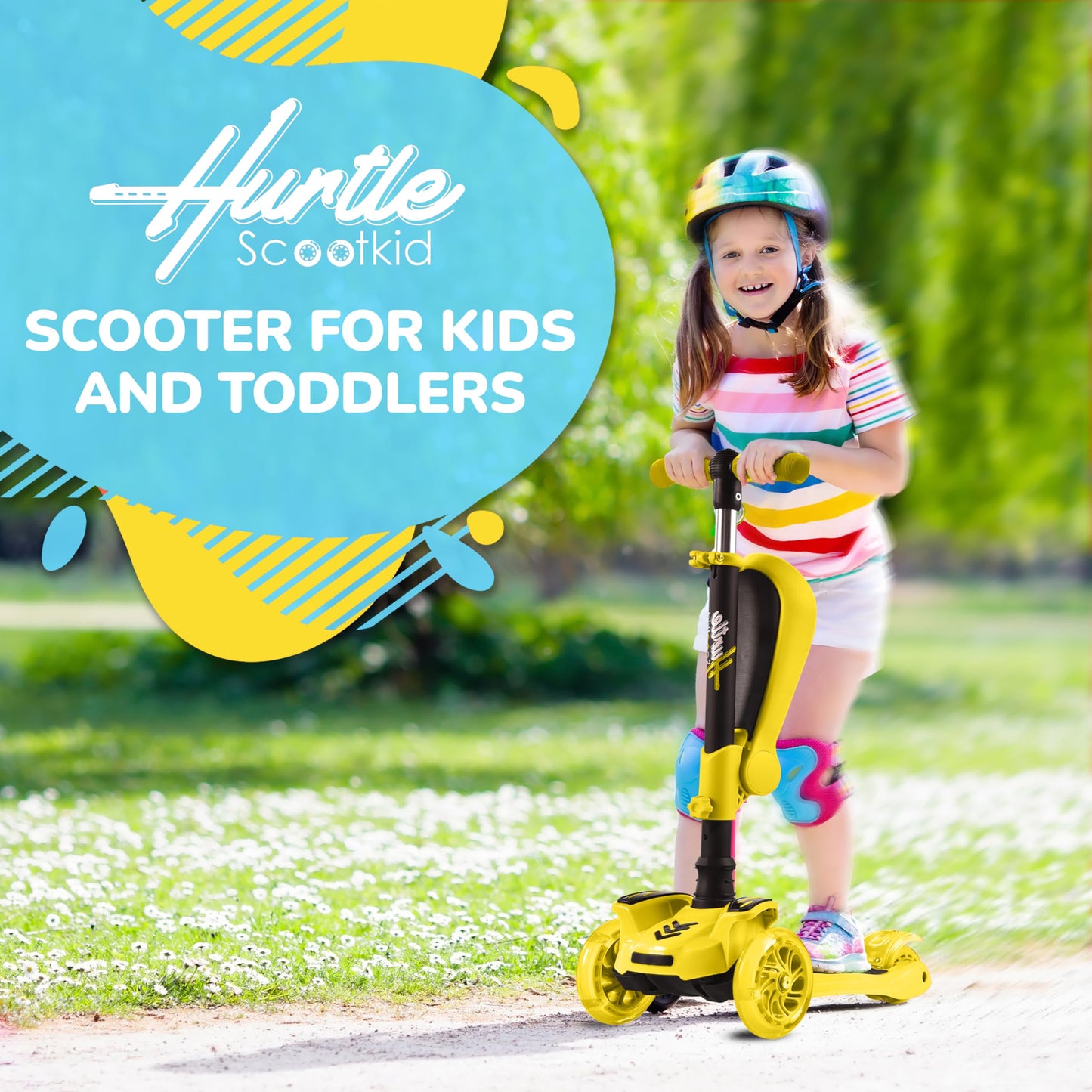 Hurtle 3-Wheeled Kids Scooter - Wheel LED Lights, Adjustable Lean-to-Steer Handlebar, and Foldable Seat - Sit or Stand Ride with Brake for Boys and Girls Ages 1-14 Years Old, Yellow