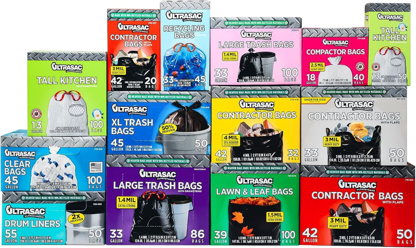 Aluf Plastics 792763 Ultrasac Heavy Duty Professional Quality Trash Bag, 33 Gallon Capacity, 39" Length x 33" Width, Large, Black (Case of 100)