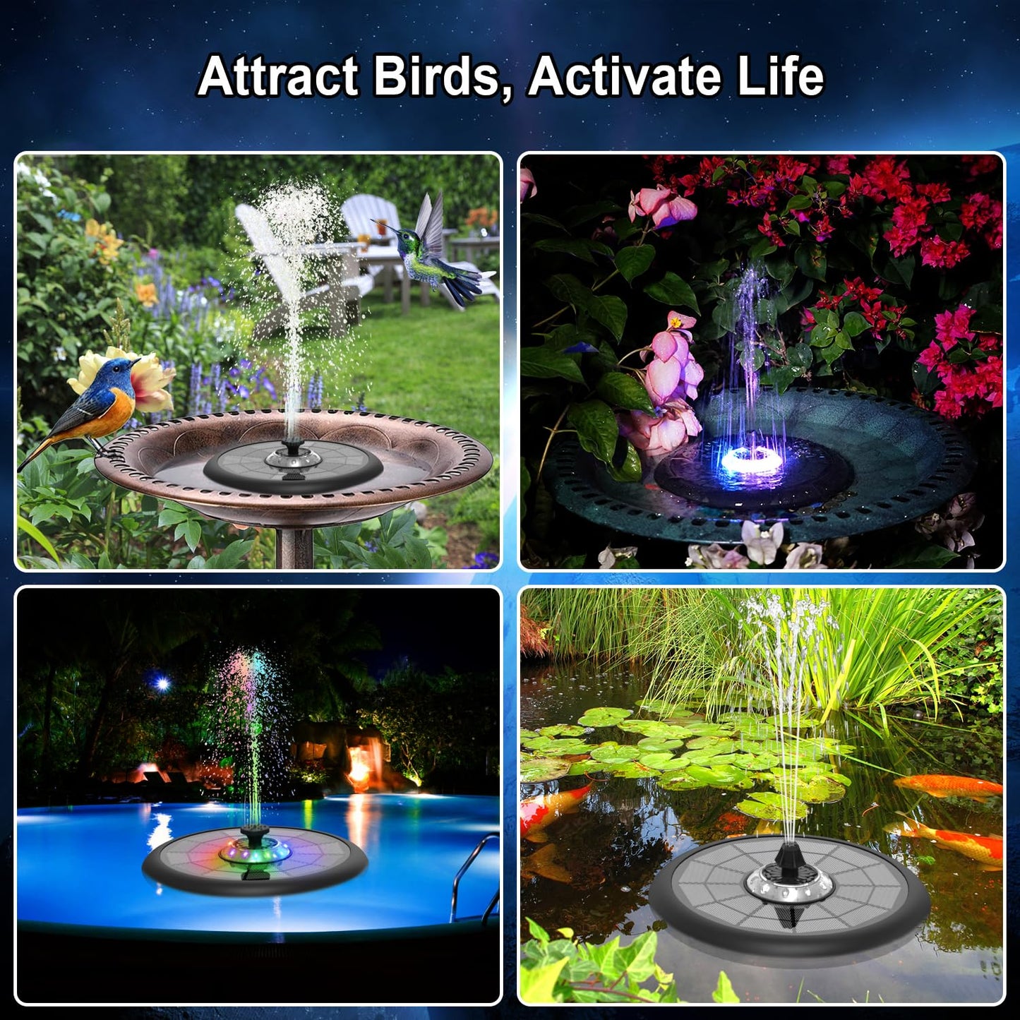 GAIZERL Solar Fountain UFO Style, 2026 Upgrade 5W Glass Solar Panel Bird Bath Fountain with LED Lights, 4000mAh Backup Battery, 7 Nozzles for for Garden, Pond, Pool, Patio Outdoor Water Feature