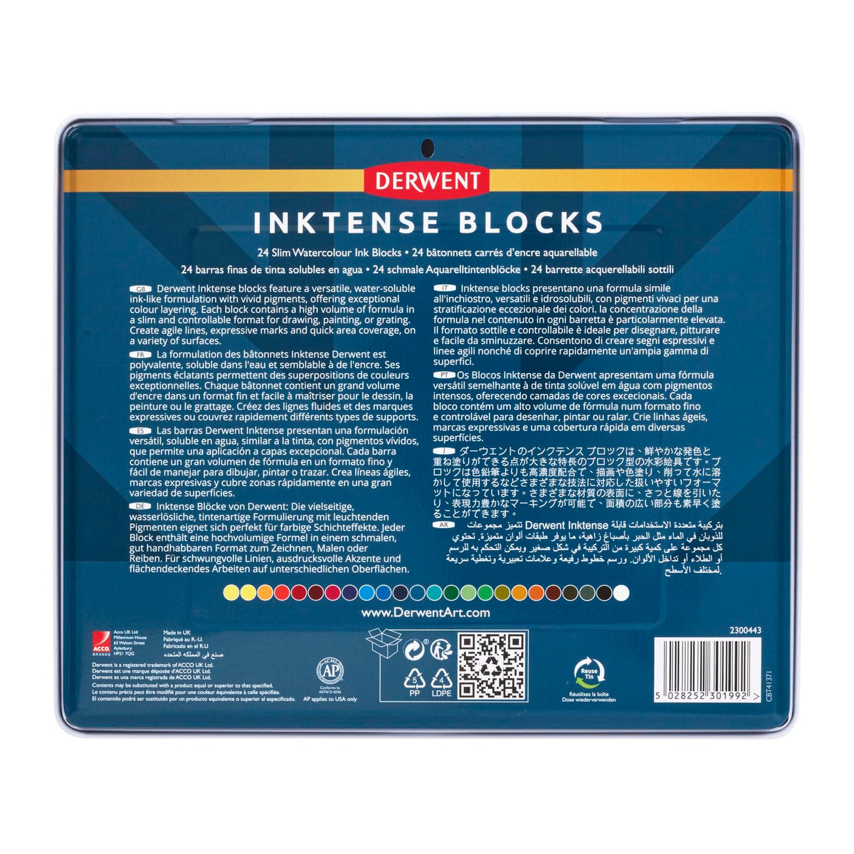 Derwent Inktense Blocks 24 Tin, Set of 24, 8mm Block, Soft Texture, Watersoluble, Ideal for Watercolour, Drawing, colouring, Crafts and Painting on Paper and Fabric, Professional Quality (2300443)