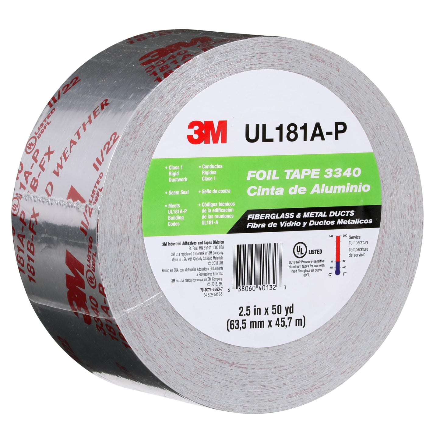 3M Aluminum Foil Tape 3340, 2.5" x 50 yd, 4.0 mil, Silver, HVAC, Sealing and Patching Hot and Cold Air Ducts, Fiberglass Duct Board, Insulation, Metal Repair