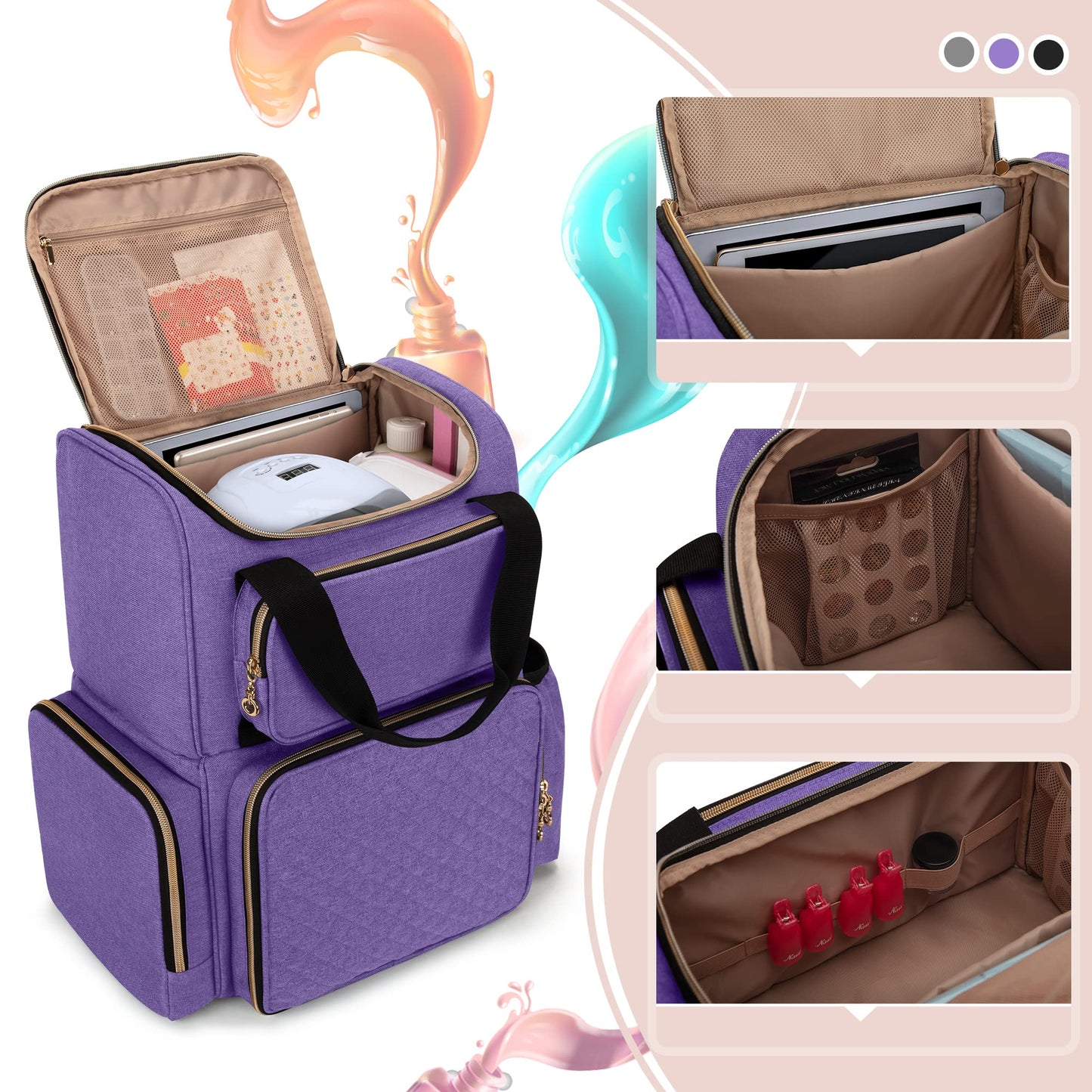 Luxja Nail Polish Organizer (Backpack Version) Holds 70 Bottles and a Nail Lamp, Travel Nail Polish Bag with 2 Removable Cases and Tools Storage Pockets (Patent Pending), Purple