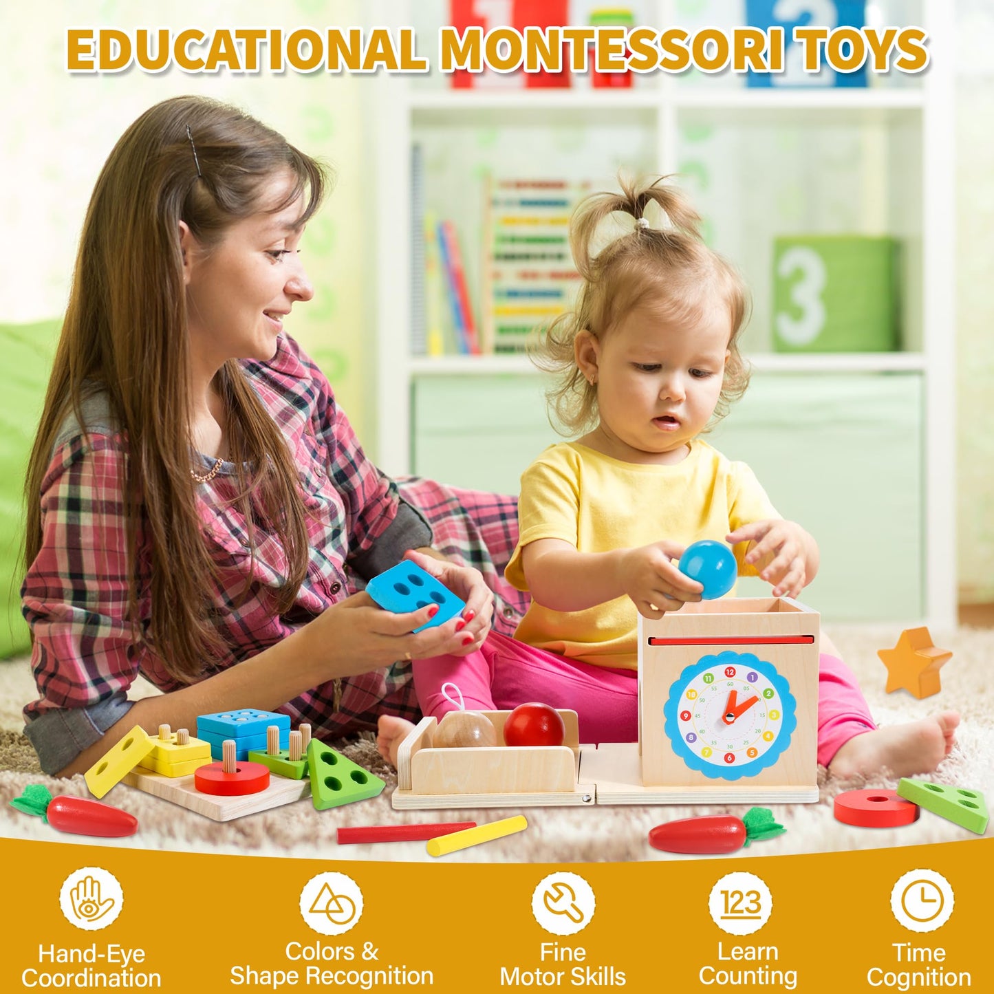 Kizfarm Educational Montessori Toys for 1 2 Year Old, Include Object Permanence Box, Magnetic Worm Game, Carrot Harvest Toy, Coin Drop Toy, Developmental Montessori Toys for Babies