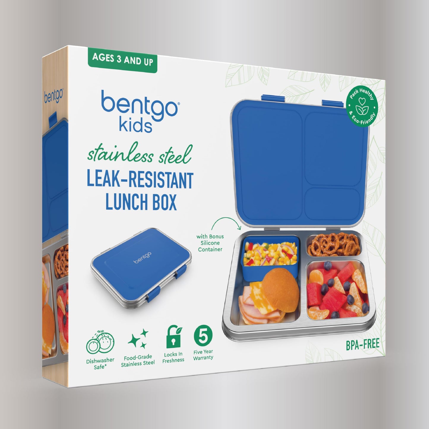 Bentgo® Kids Stainless Steel Leak-Resistant Lunch Box - Bento-Style Redesigned in 2022 w/Upgraded Latches, 3 Compartments, & Extra Container - Eco-Friendly, Dishwasher Safe, Patented Design (Blue)