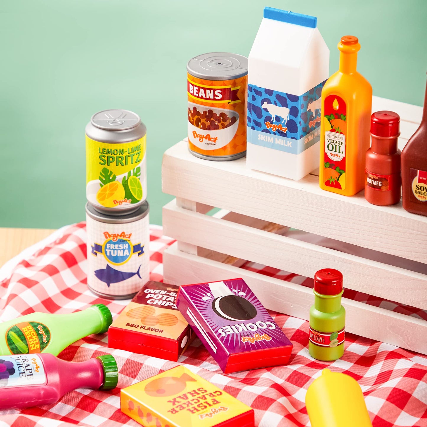 JOYIN 30Pcs Play Food Grocery Cans, Play Kitchen Accessories, Includes Drink, Juice, Jar, Seasoning, Water Bottle, Sauce, Yogurt, Ice Cream, Snack Box, Kids Gifts & Indoor Toys