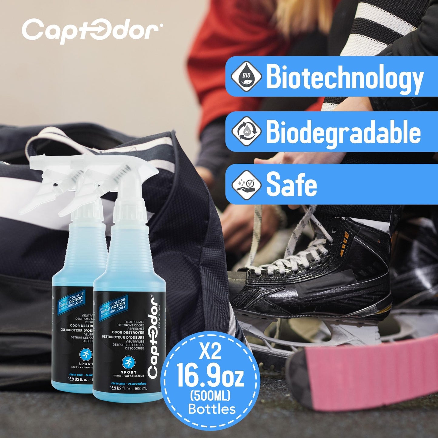 Captodor Sports Odor Eliminator Spray - Neutralizer & Refresher for Protective Equipment, Sportswear & Outdoor Gear (2 x 16.9 Fl Oz / 500 ml)