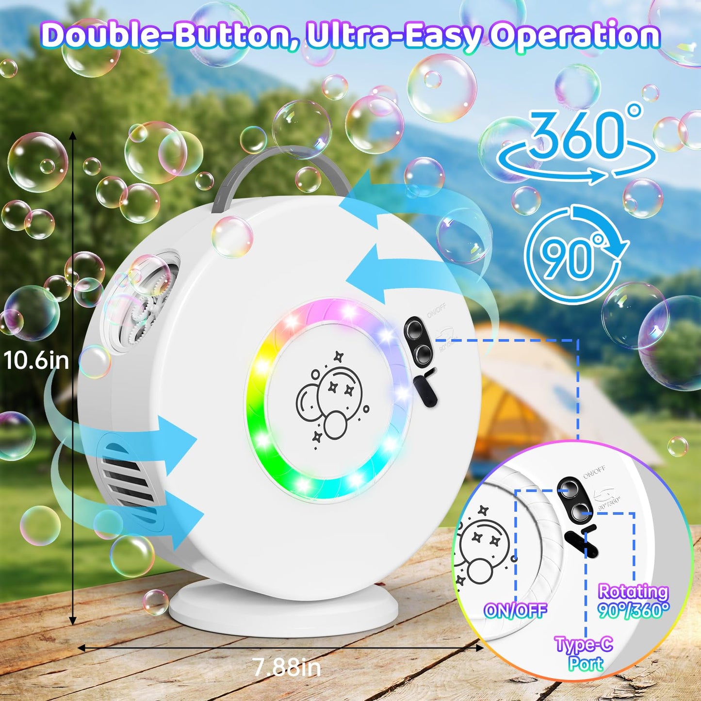 Bubble Machine for Kids Toddlers,Automatic Bubble Blower Rechargeable, 90° 360° Auto Rotatable Portable Bubble Maker Toy for 3 4 5 Year Old, Outdoor Wedding Party Birthday Gifts (White with Light)