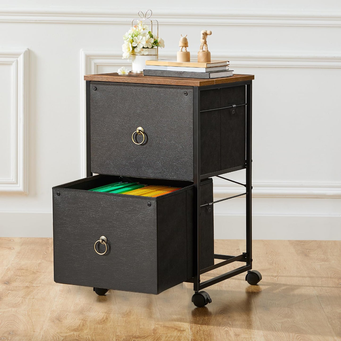 HOOBRO 2-Drawer Mobile File Cabinet, Vertical Filing Cabinet, Filing Cabinet for Home Office, Rolling Printer Stand, A4/Letter-Sized, Nonwovens Drawer, Black and Rustic Brown BFK20WJ01