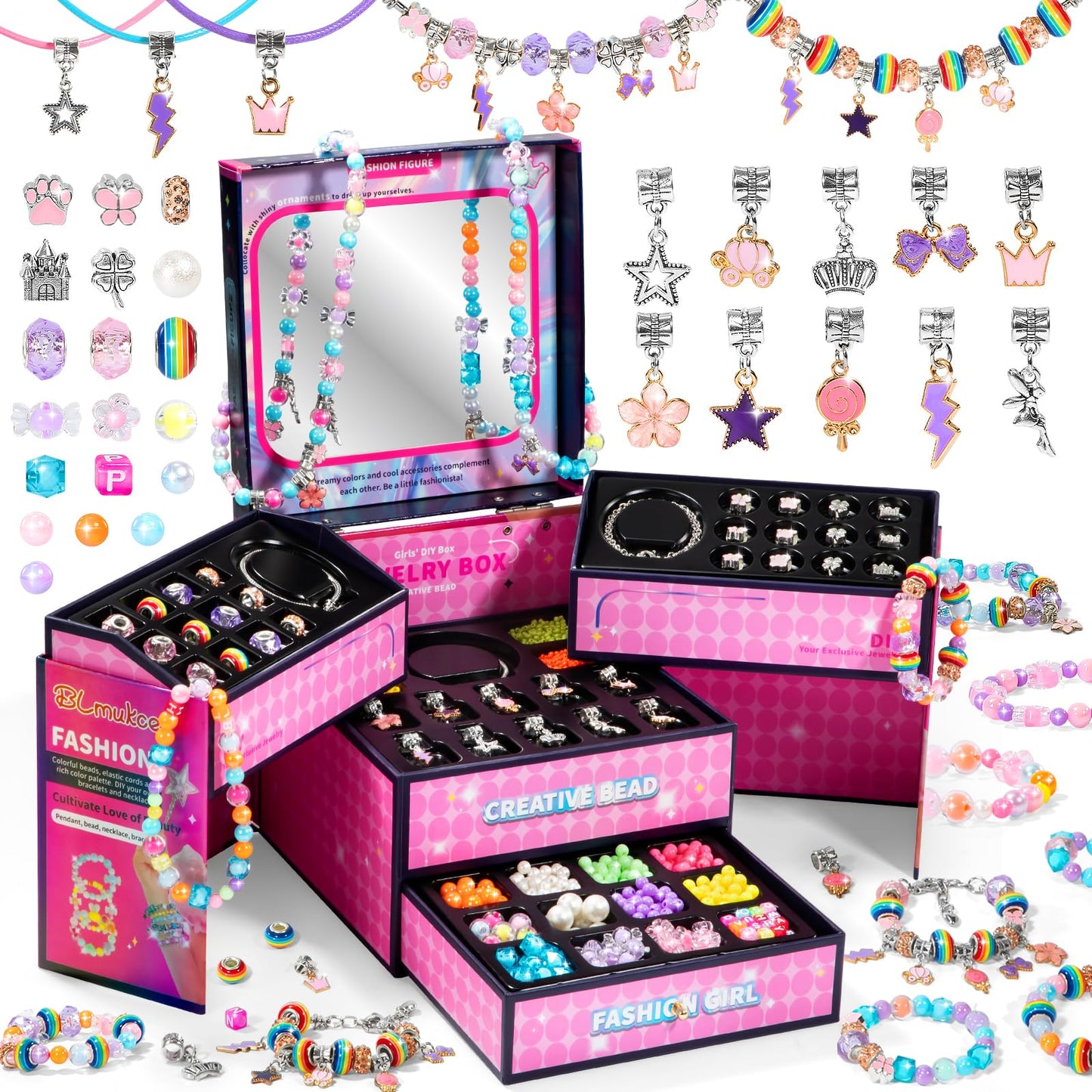 BLmukce Charm Bracelet Making Kit for Girls Ages 8-12, DIY Jewelry Making Kit & Art Craft Set with Beads, Charms & Necklace Supplies Birthday Party Christmas Ideas for Kids 4-6 7 8-12 Years Old girl Adult