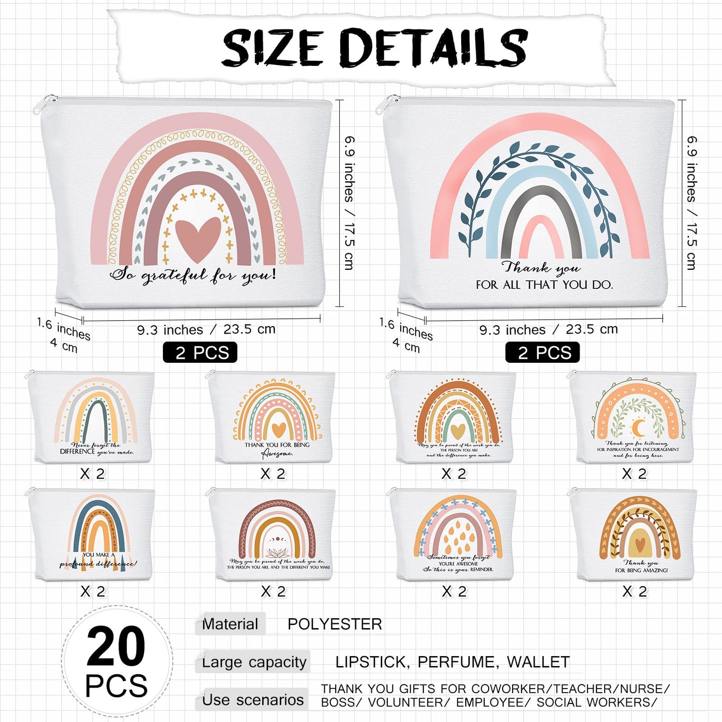 Sieral 20 Pcs Makeup Bags Bulk Custodian Appreciation Gifts Inspirational Cosmetic Bag Pouch with Zipper for Women Employee Thank You Gifts for Nurse Vet Tech Week(Rainbow)