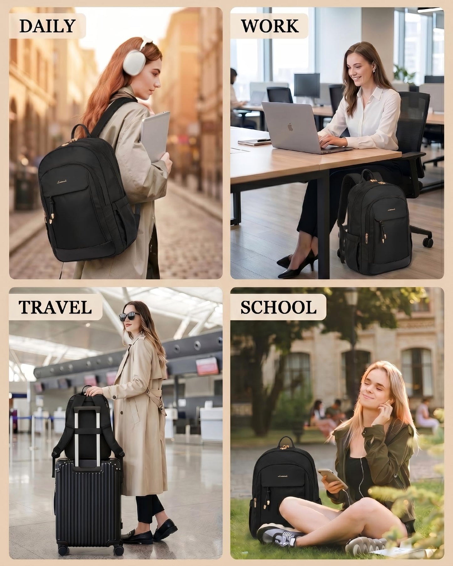 LOVEVOOK Laptop Backpack Purse for Women, Black, 17.3 inches, Modern, Stylish