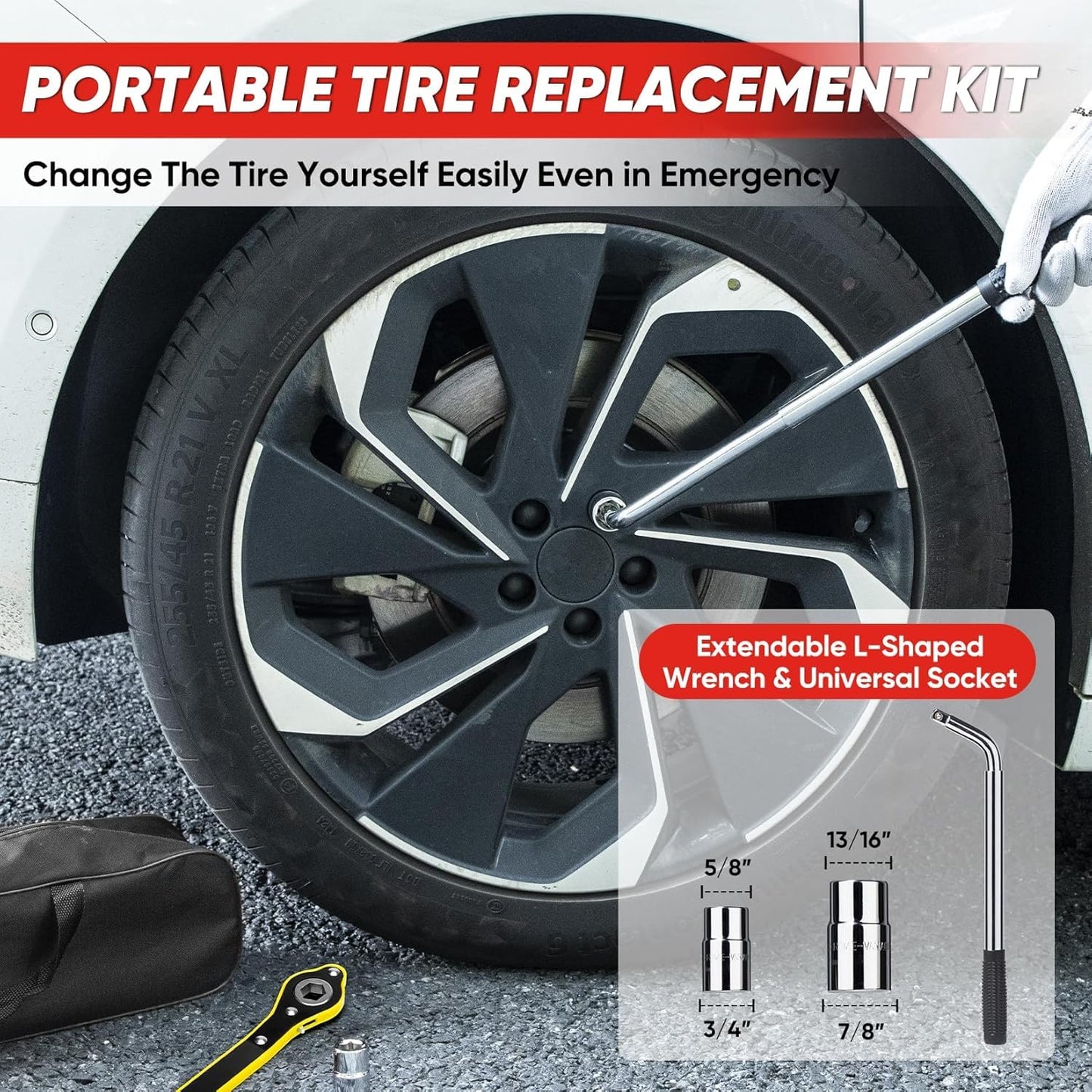 SHALL Scissor Jack Kit - 2 Ton (4409lbs) - Extended & Widened Base, 360° Rotatable Rubber Pad - Tire Change Kit with Ratchet & Lug Wrench - Universal Car Jack for Emergency Roadside Needs