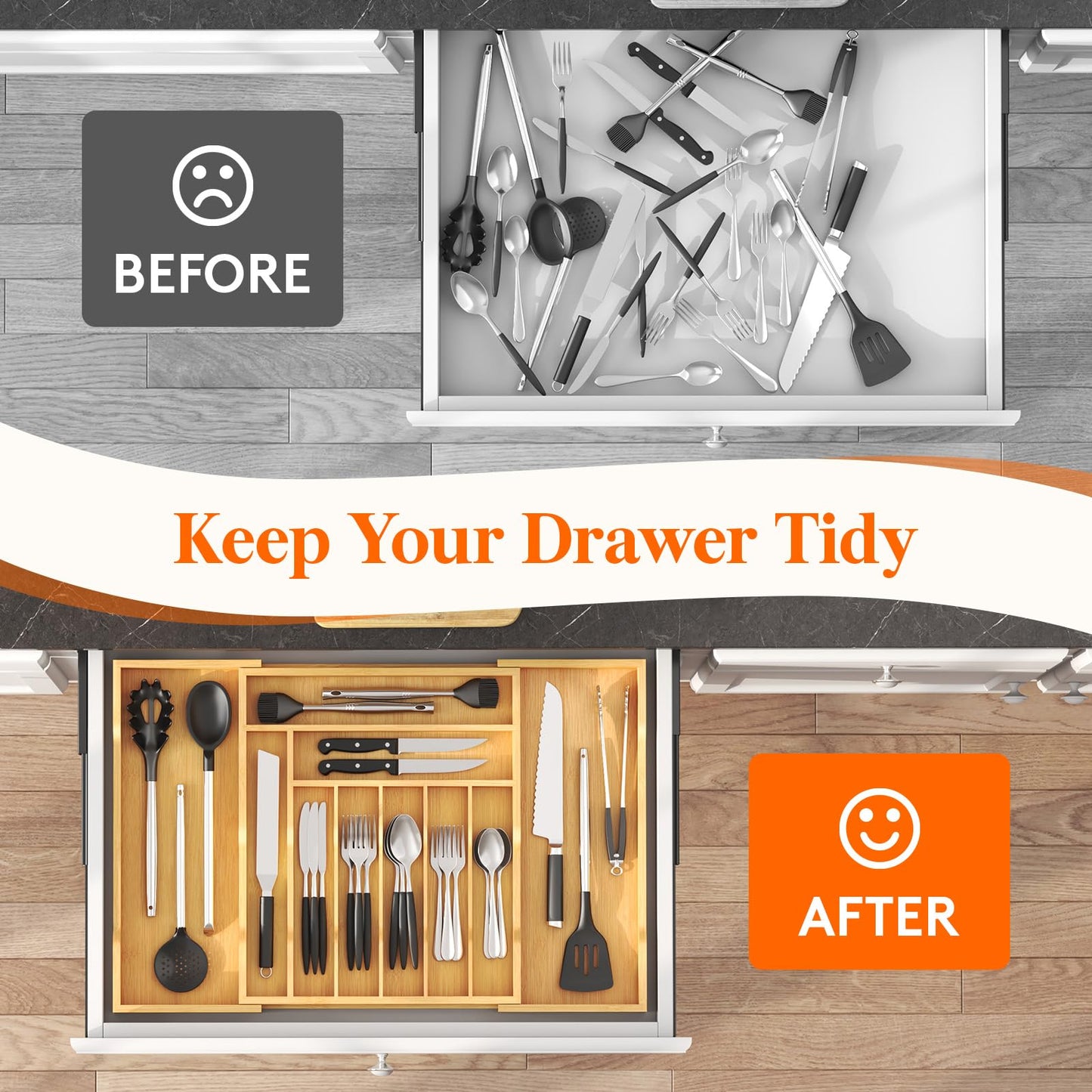 Lifewit Silverware Drawer Organizer, Expandable from 15.6 to 28", 10 Slots Utensil Tray for Kitchen, Bamboo Flatware and Cutlery Organizer, Wood Adjustable Storage for Spoons Forks Knives, Natural