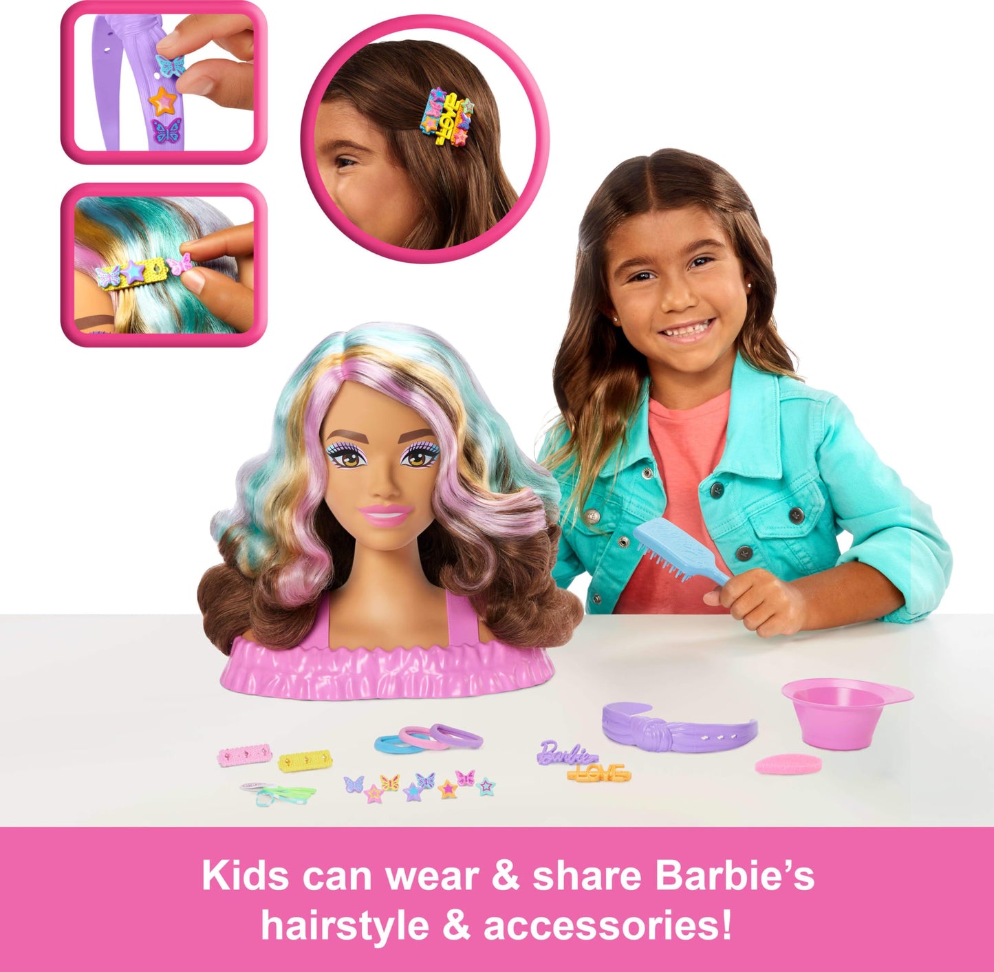 Barbie Doll Styling Head, Dark Brown Hair with 20+ Hair Styling Accessories Including Star & Butterfly Color Change Hair Clips