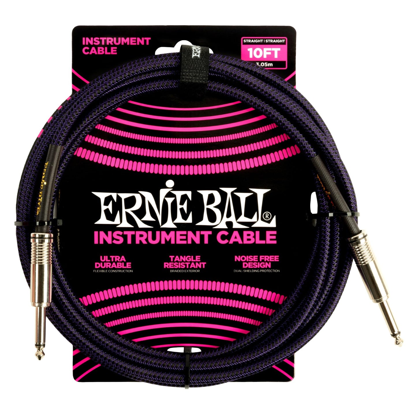 Ernie Ball Braided Instrument Cable, Straight Straight, 10ft, Purple/Black