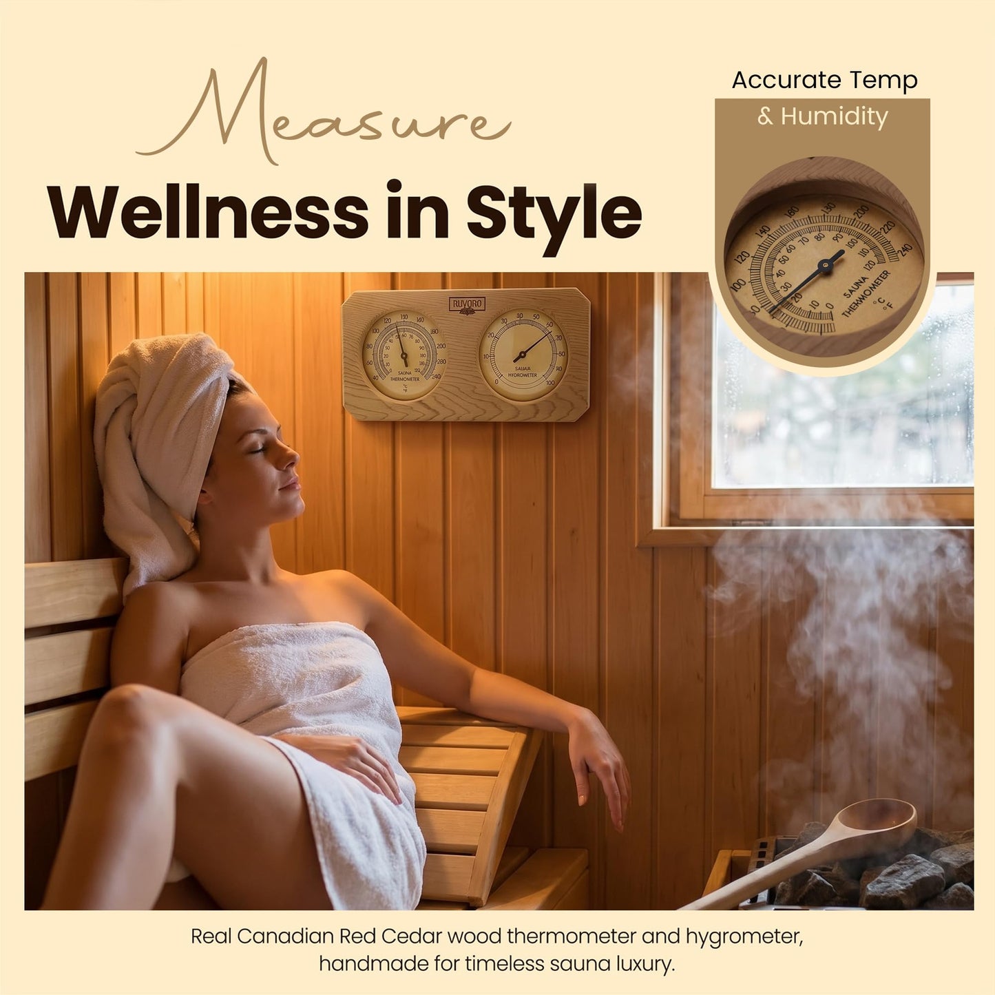 Ruvaro Sauna Thermometer and Hygrometer 2-in-1 – Handcrafted from Canadian Red Cedar Wood - Analog Temperature & Humidity Gauge – Fahrenheit & Celsius – Premium Glass Dial – Luxury Sauna Accessories