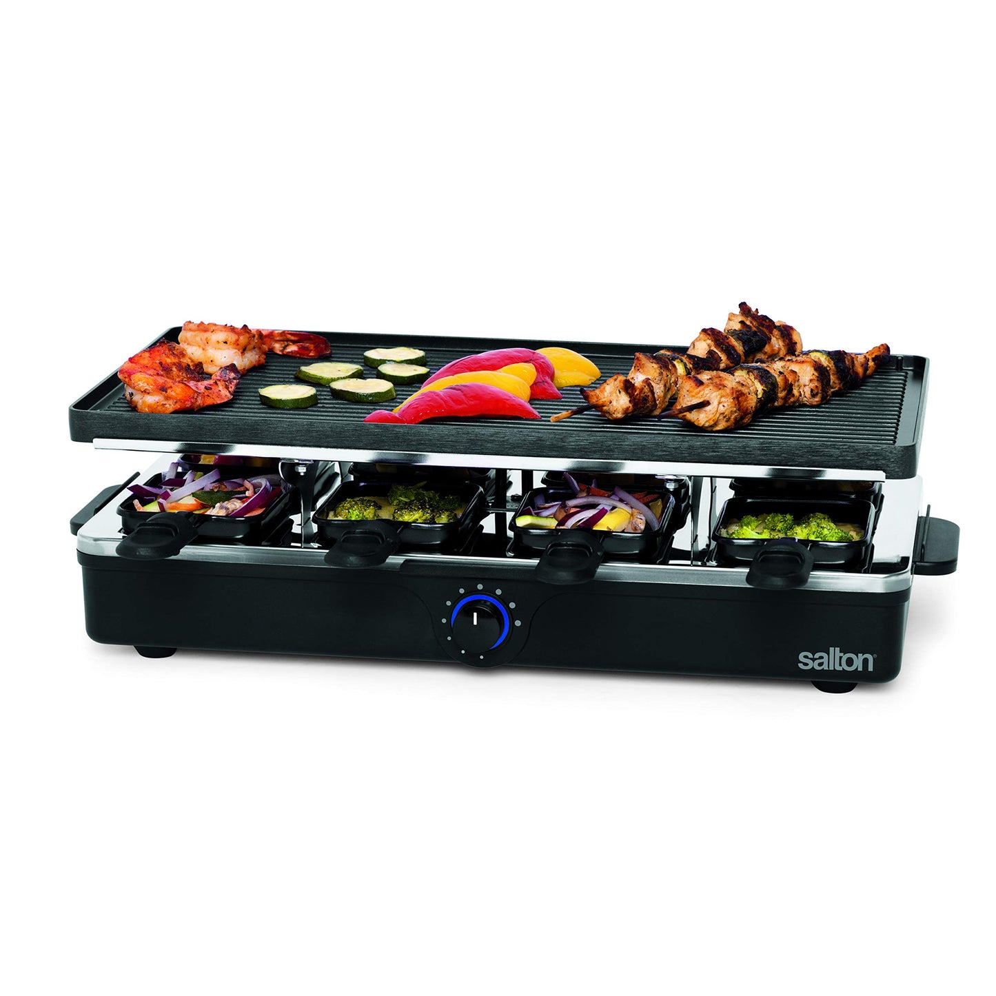 Salton Party Grill/Griddle & Raclette β 8 Person | Electric Indoor Grilling | Non-Stick Plates | 8 Non-Stick Colour-Coded Pans + 8 Spatulas | 1400W | 18β x 9β | Black | 100% Canadian-owned & operated