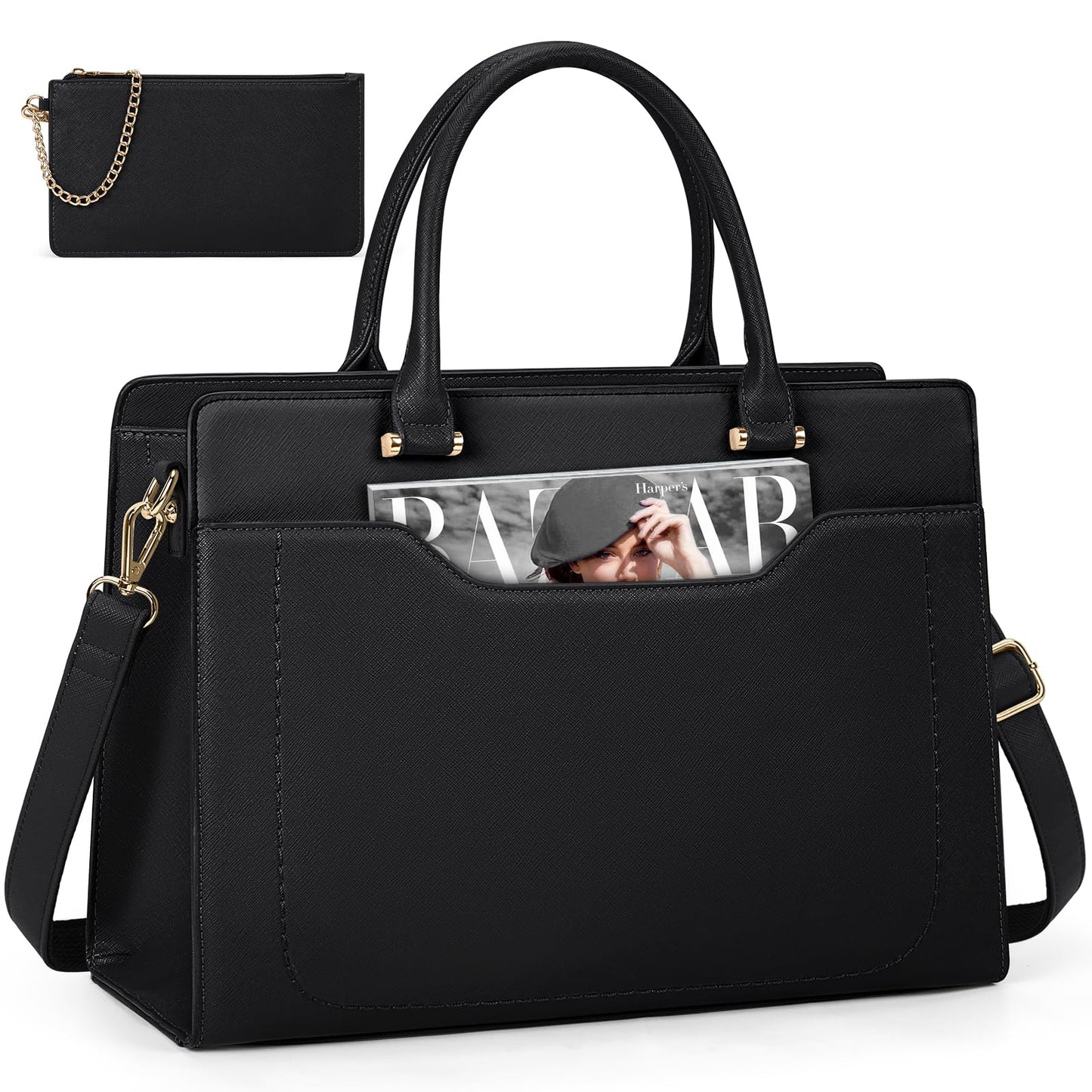 Laptop Bag for Women 15.6 Inch Work Tote bag Womens Laptop Tote Waterproof Leather Computer Briefcase Business Office Bag Large Handbag for Travel College Teacher, Black
