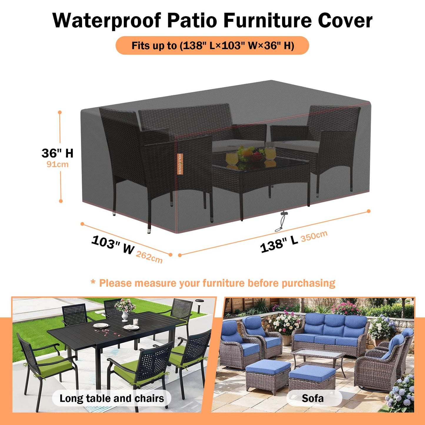 Patio Furniture Covers Waterproof , 420D Furniture Covers for Outdoor Sectional Sofa Set, Rectangular Outdoor Furniture Table and Chair Covers (Black-table covers, 138" L×103" W×36" H)