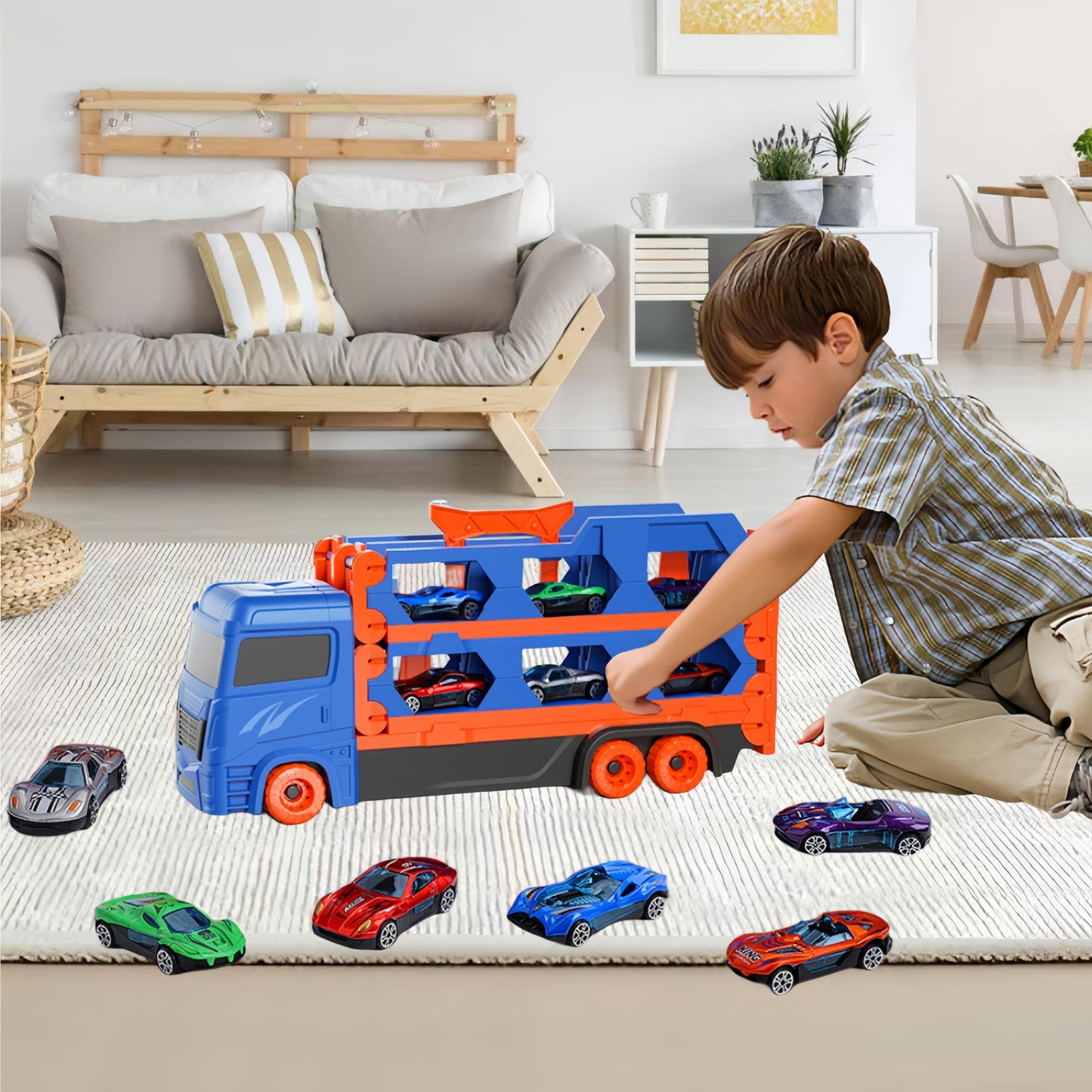 Bearbao Toddler Boy Toys for 2 3 4 5 6 Years Old Boys, 65 Inches Race Track for Boys Kids Die-Cast Transport Truck Car Toys, Toddler Car Toys Set for Kids Boy