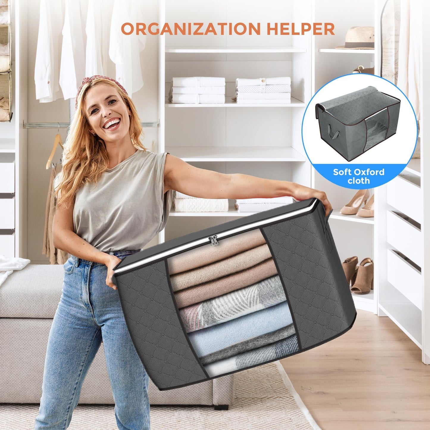 90 L Large Storage Bags, 6 Pack Clothes Storage Bins Foldable Closet Organizers and Storage Containers with Reinforced Handle for Clothing, Blanket, Comforters, Bed Sheets, Pillows and Toys (Gray)