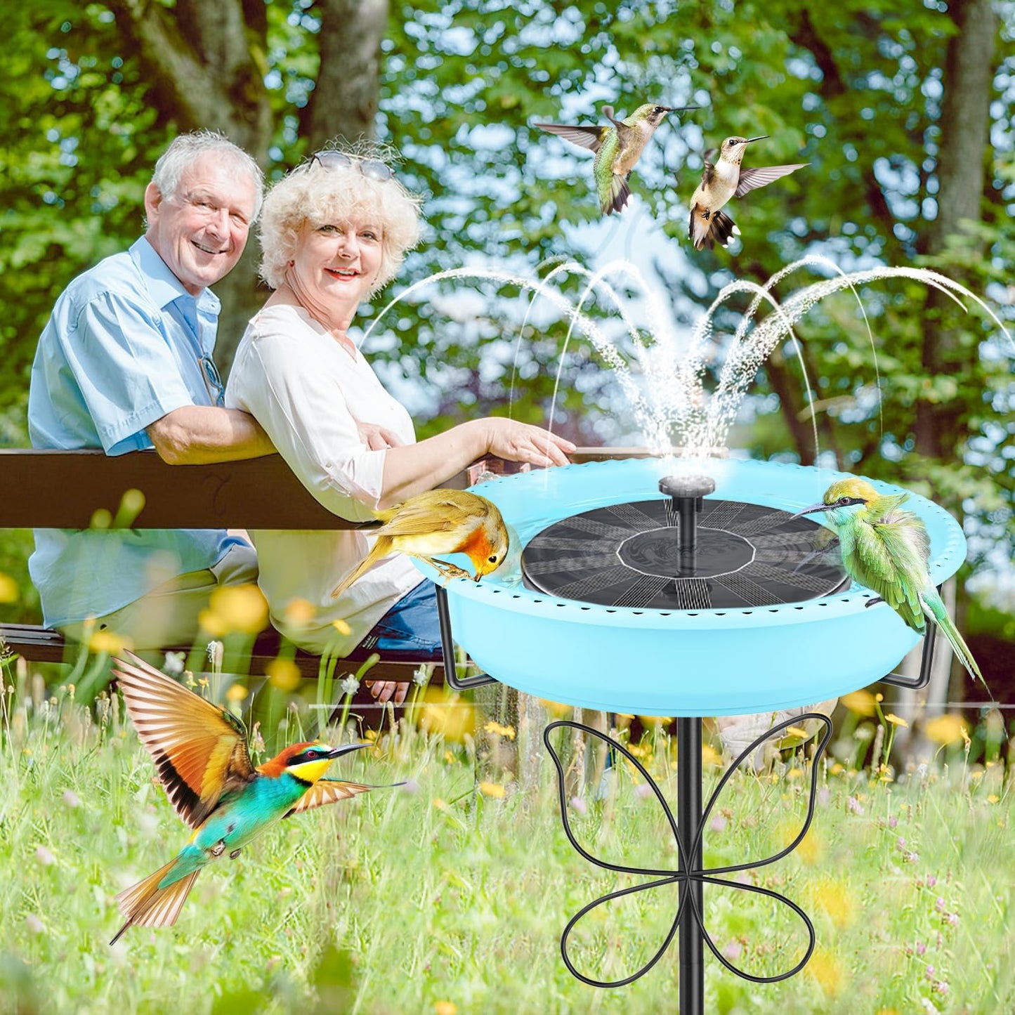 YOADEHOA 37In Bird Bath for Outside, 2-in-1 Birdbath & Birdfeeder with Detachable Plastic Bowl, Metal Butterfly Stake & Sturdy 5-Pronged Base for Outdoor Garden Yard Decor (Blue)