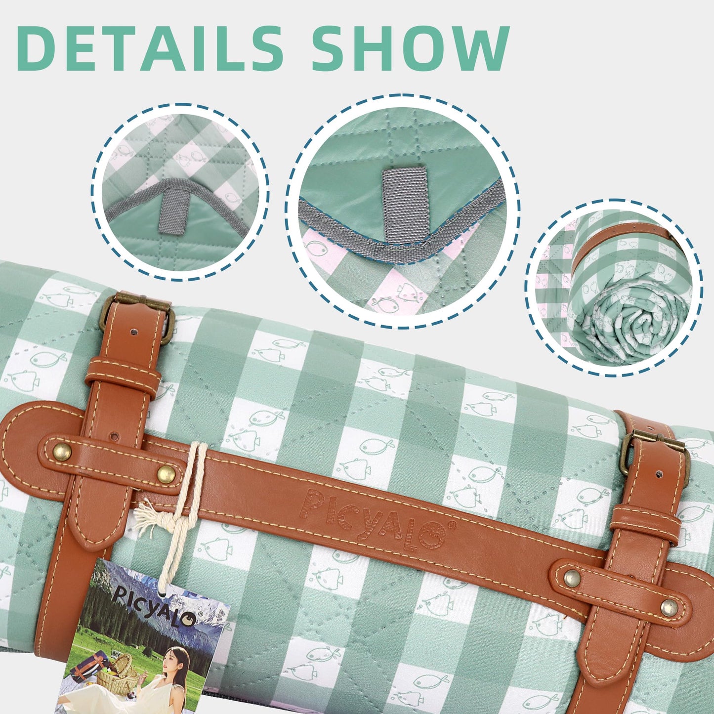 Waterproof 80"X80" Picnic Blankets Thick Outdoor Picnic Mat with 4 Luminous Stakes Foldable Camping Blanket Portable with Carry Strap for Beach Park Grass Park Hiking