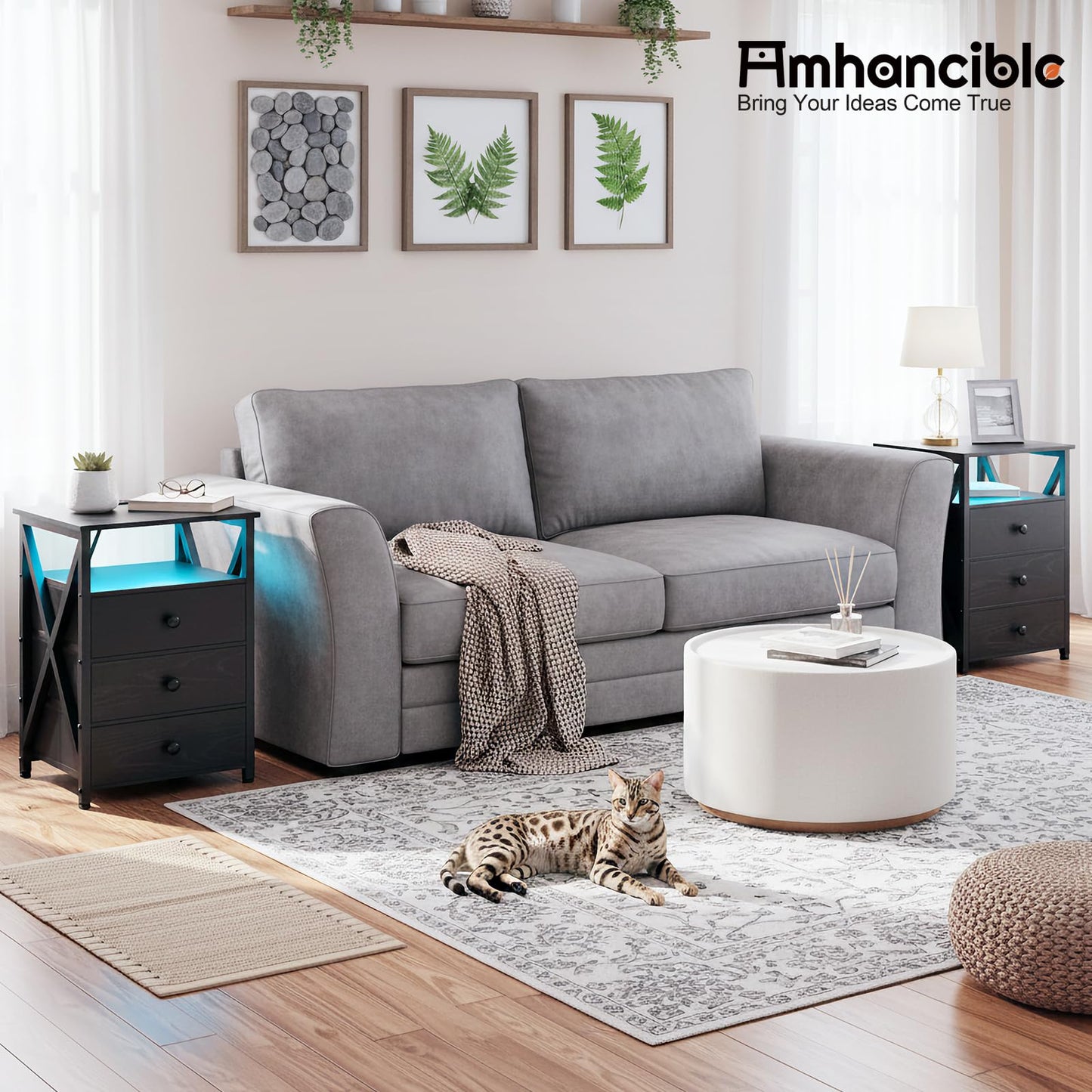 AMHANCIBLE LED Nightstand, End Side Table with Charging Station, Bedside Table with USB Port & Power Outlet, Modern Night Stand with Fabric Storage Drawers HET053LBK1