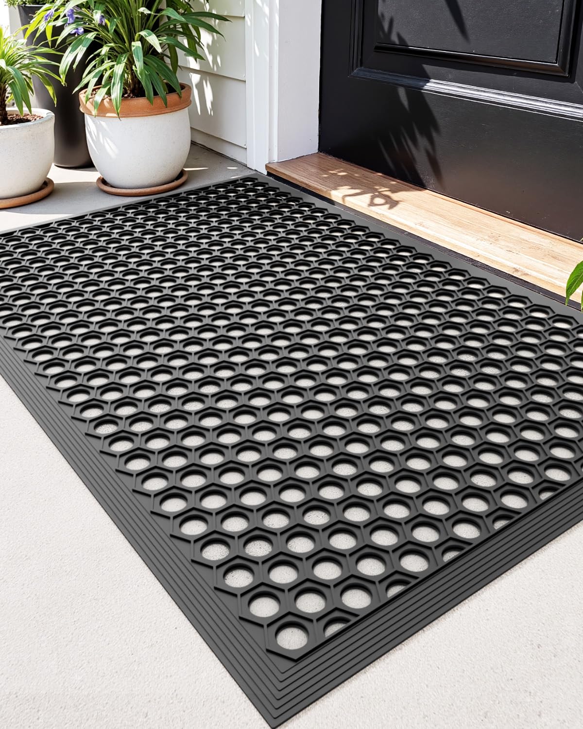 DEXI Rubber Door Mat, 24x36 Heavy Duty Non Slip Front Entry Rug for Entrance, Waterproof Drainage Dirt Trapper Outside Doormat Low Profile Home Welcome Mats, Black