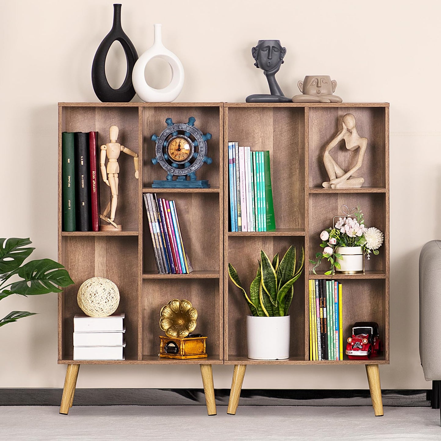 LEYAOYAO Wooden 5 Cube Bookshelf, Oak 3 Tier Book Shelf with Legs, Modern Open Storage Boho Organizer Bookcase,Display Cabinet Shelf Free Standing Bookshelves for Bedroom,Living Room,Study