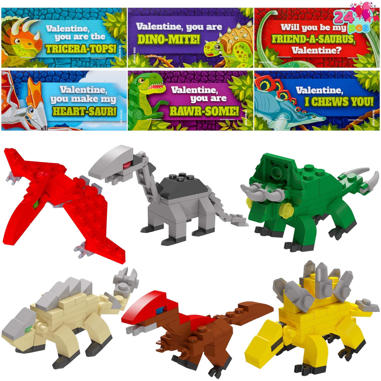 JOYIN 24 Packs Valentines Dinosaur Blocks with Cards for Party Favor & Classroom Exchange