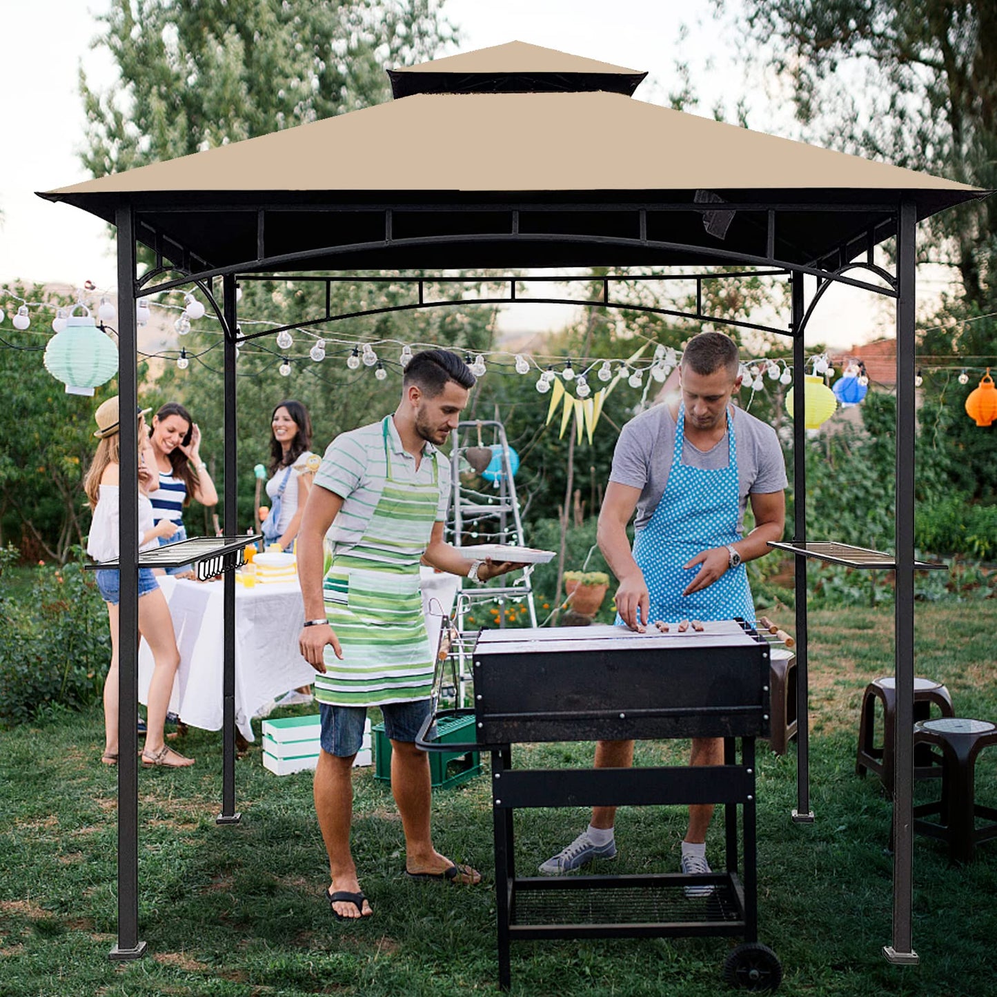 Grill Gazebo Replacement Canopy Top - Wonwon 5x8 Gazebo Roof Double Tiered Outdoor BBQ Roof Cover Grill Shelter Only Fit for Model L-GG001PST-F (Beige)