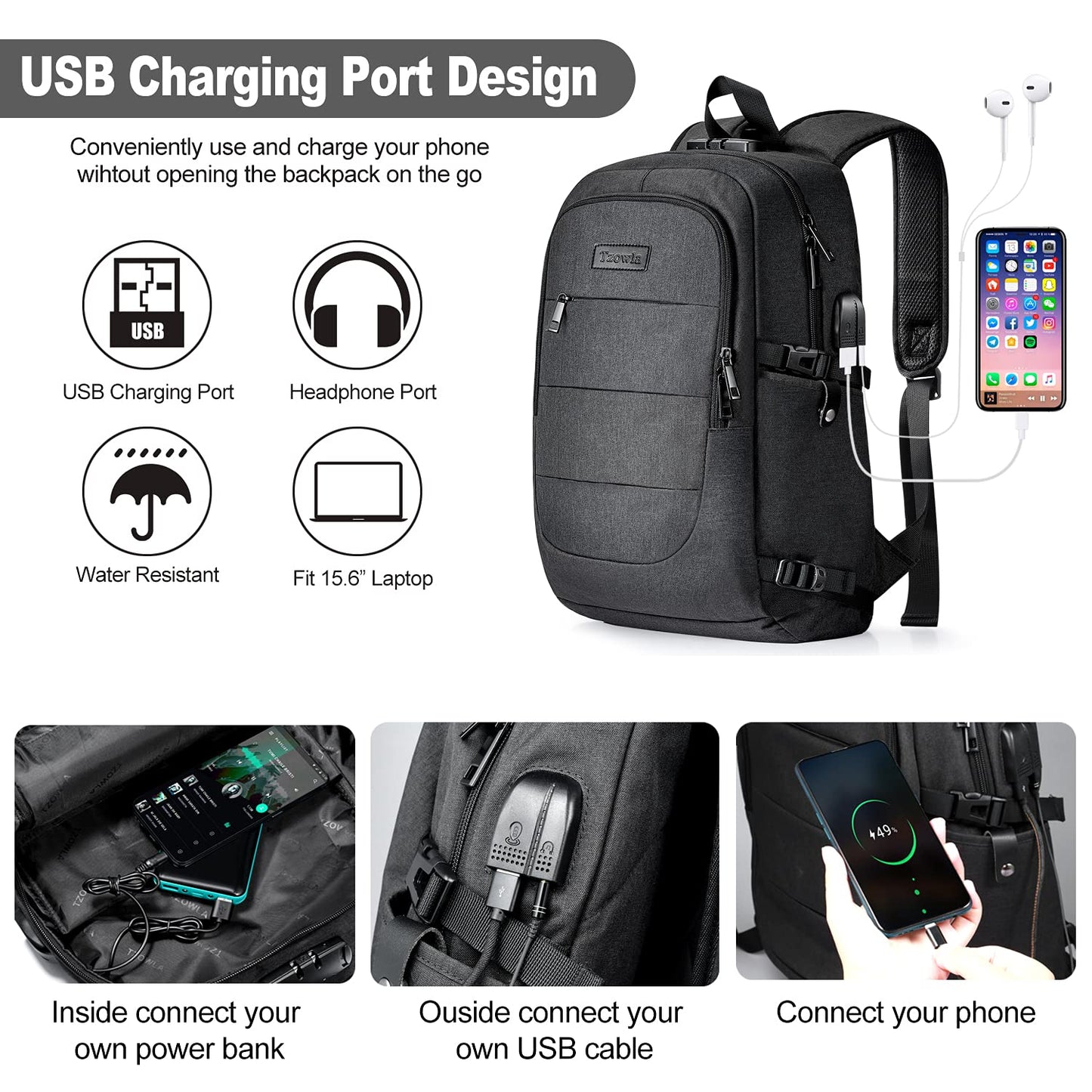 Tzowla Laptop Travel Slim School Backpack Water Resistant Anti-Theft Bag with USB Charging Port and Lock 15.6 Inch Computer Business Backpacks for Men Women College Student Gift,Bookbag Casual Daypack