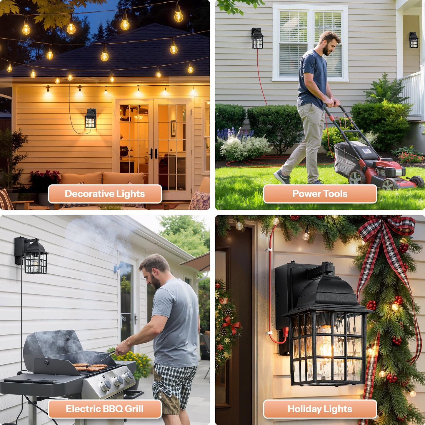 Gleamz Dusk to Dawn Outdoor Porch Light with GFCI Outlet, Modern Black Exterior Lighting Fixtures Wall Mount for House, Anti-Rust Outdoor Wall Sconce Lantern for Garage Coach with Water-Ripple Glass