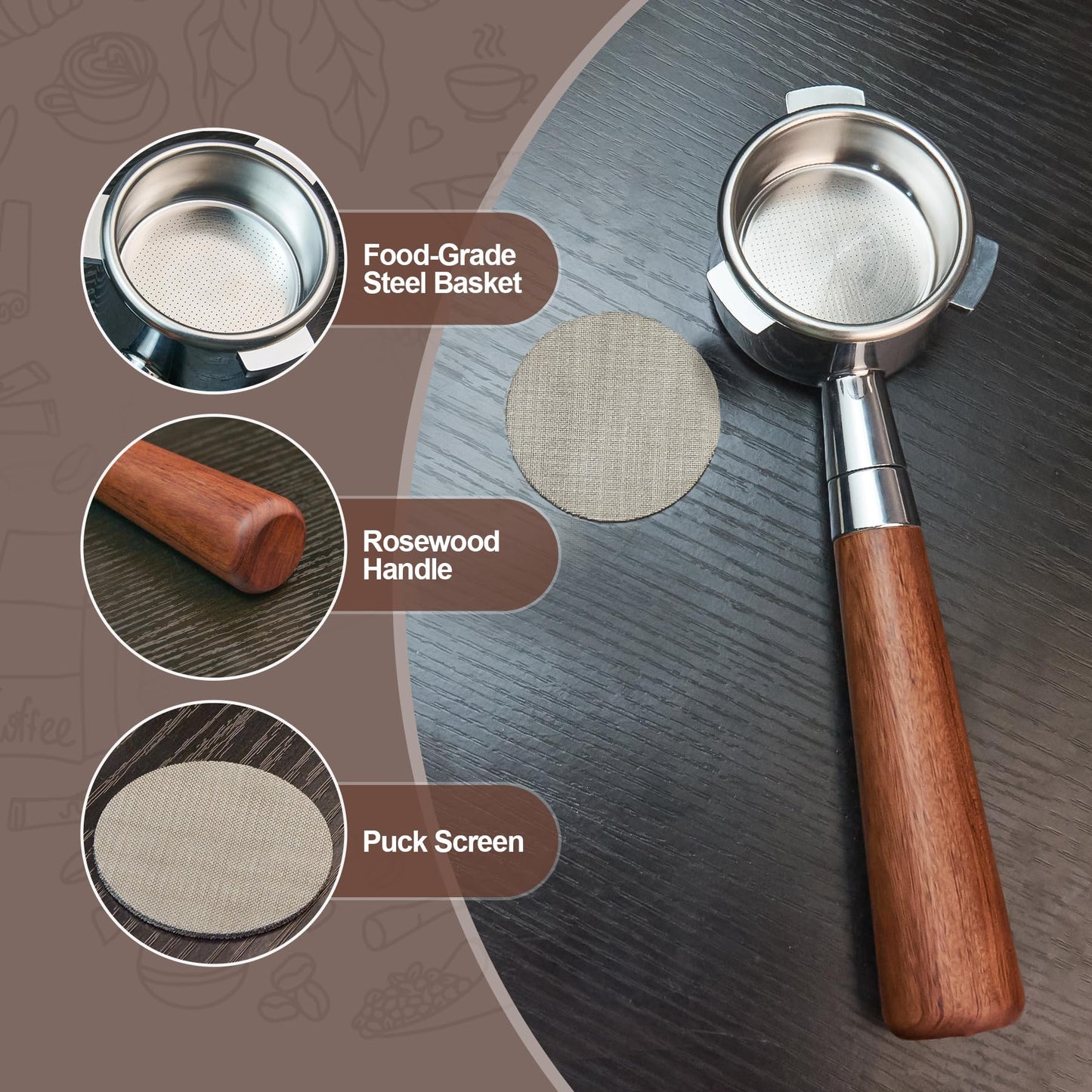 stochastic box 54 mm Bottomless Portafilter with Puck Screen, Compatible with Barista Express BES870XL, Stainless Steel Portafilter and Rosewood Handle