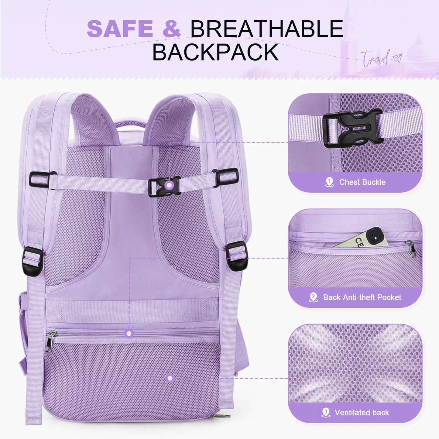 Maelstrom Travel Backpack for Women Men, 25/35L Laptop, Carry On Backpack with Crossbody, Shoe & Toiletry Bag (Purple, 17.3inch)